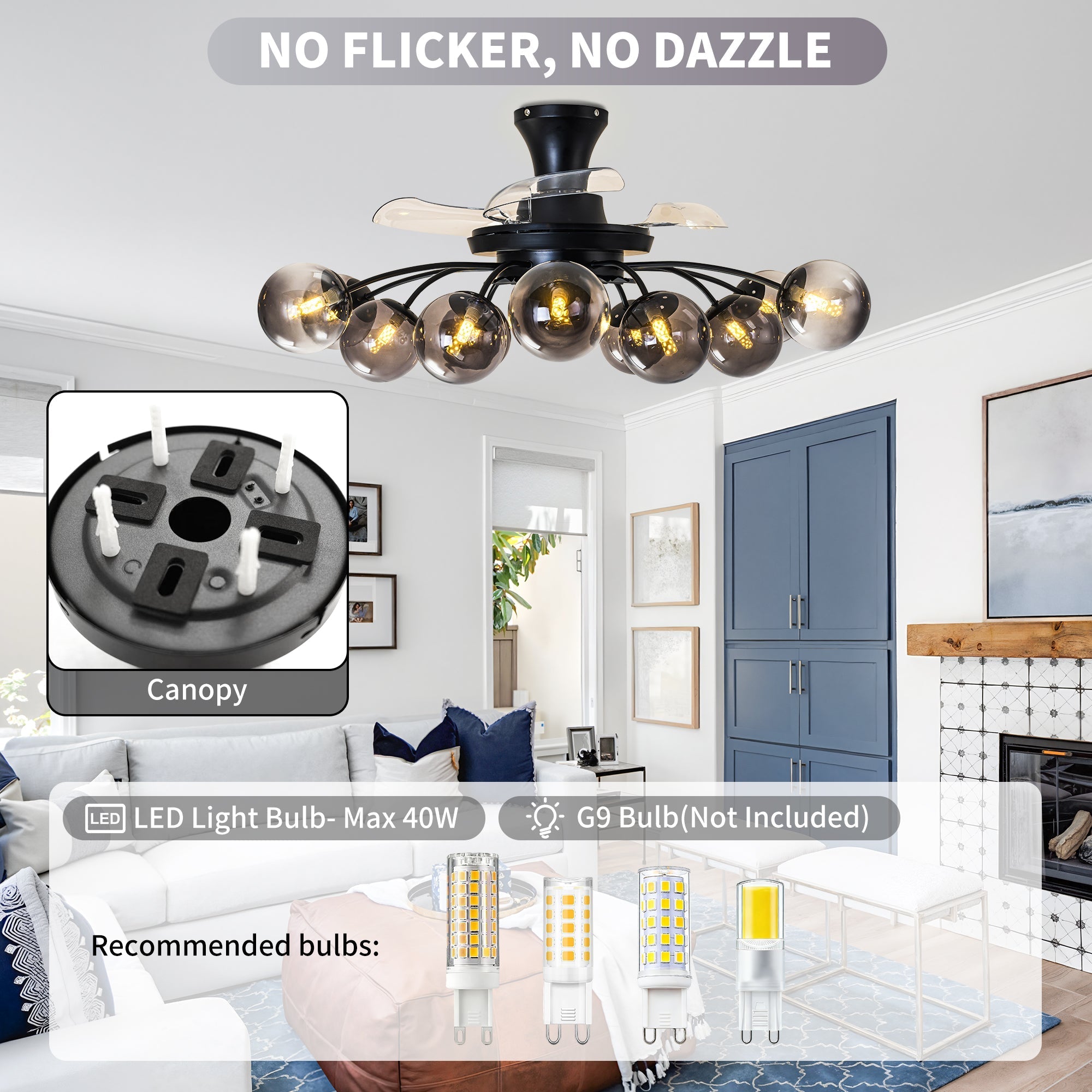 Black Smoke Glass 12-Light Retractable Ceiling Fan with Remote - BeyPan