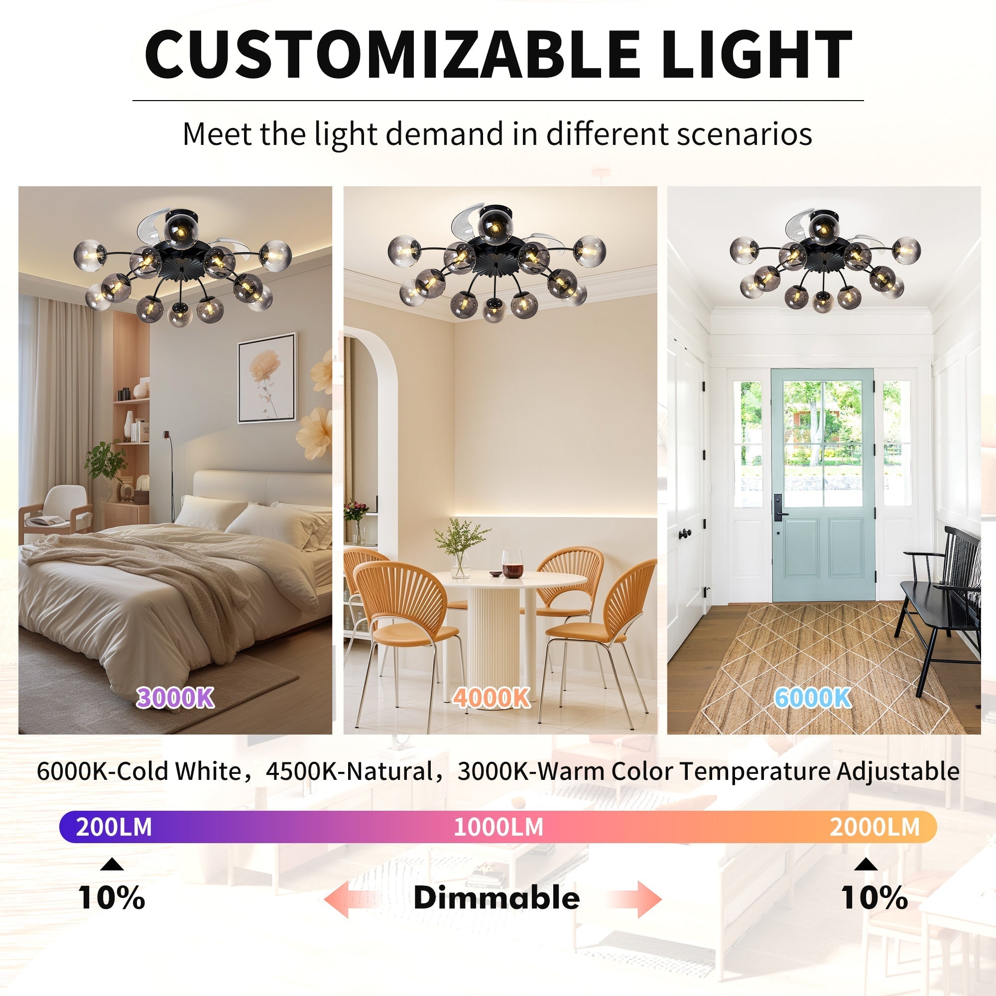 Black Smoke Glass 12-Light Retractable Ceiling Fan with Remote - BeyPan