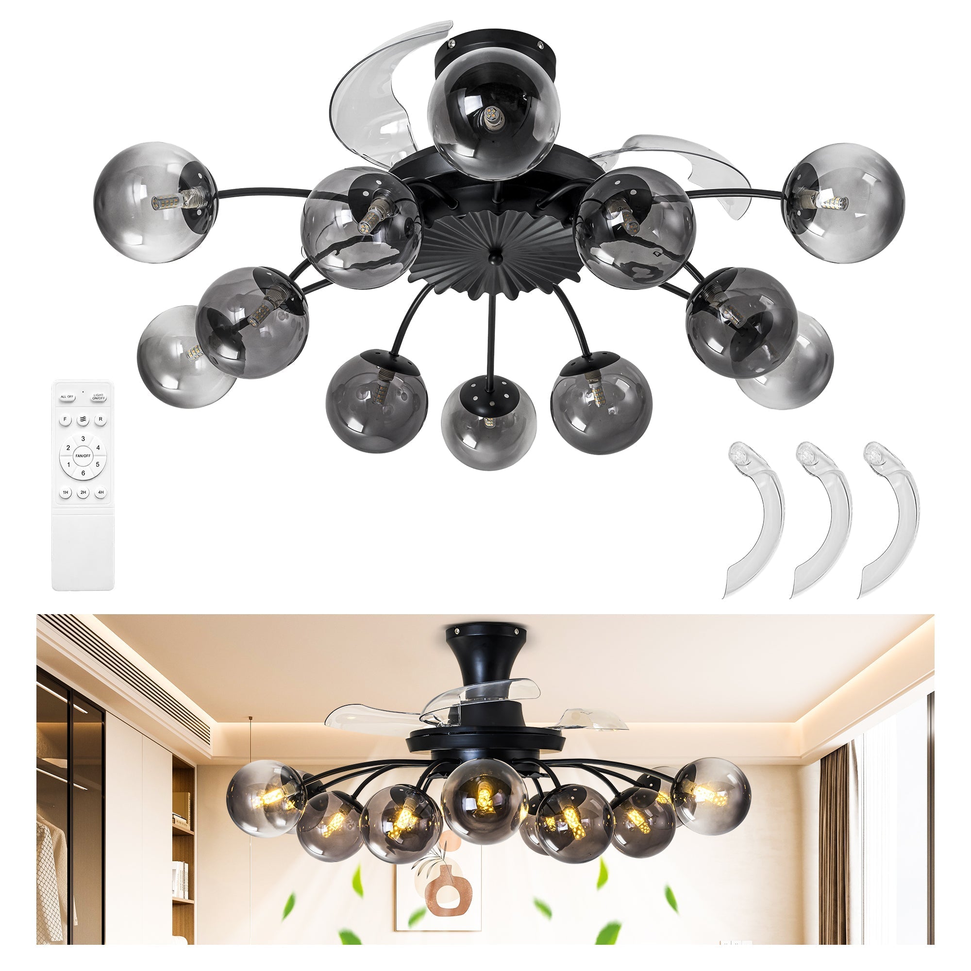 Black Smoke Glass 12-Light Retractable Ceiling Fan with Remote - BeyPan