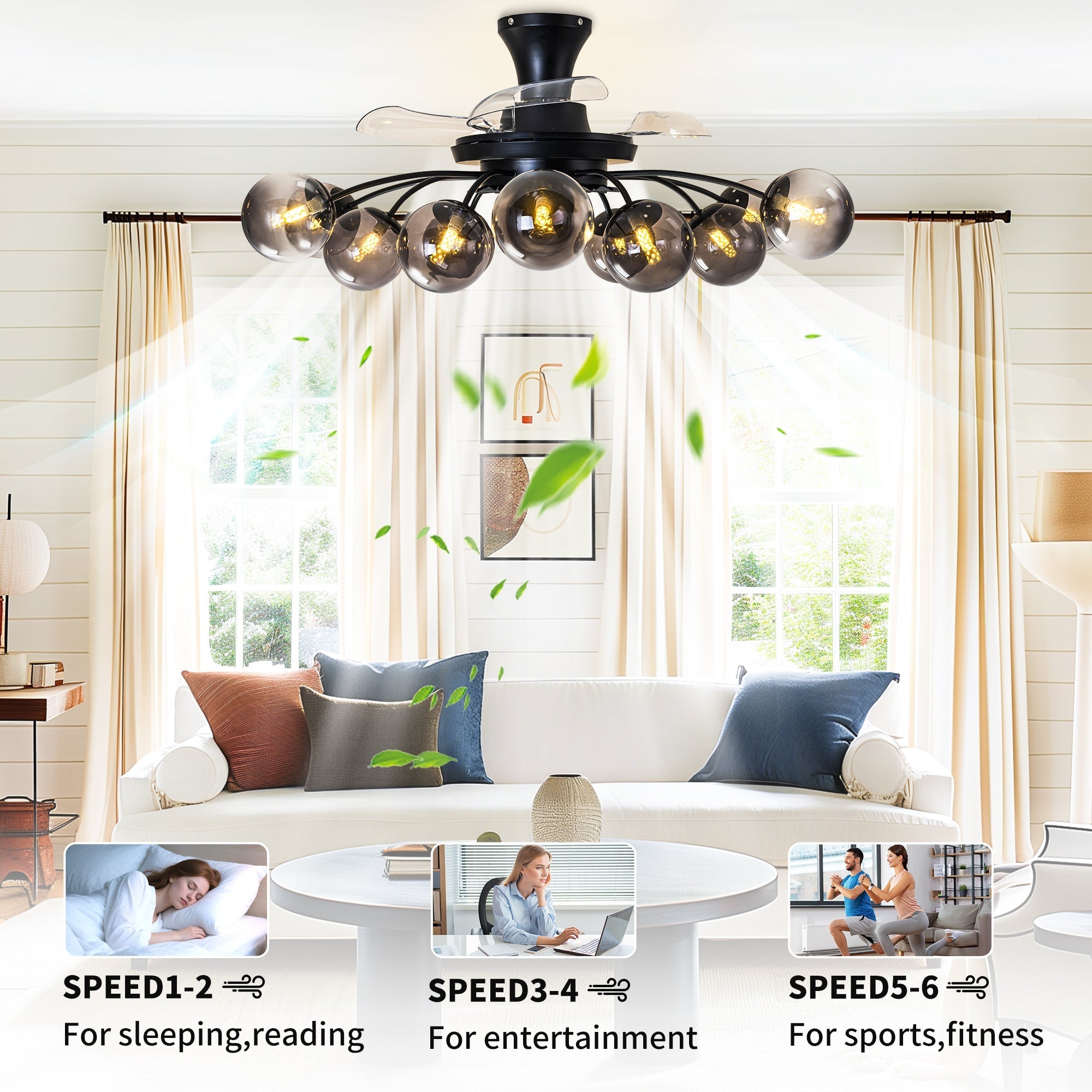 Black Smoke Glass 12-Light Retractable Ceiling Fan with Remote - BeyPan