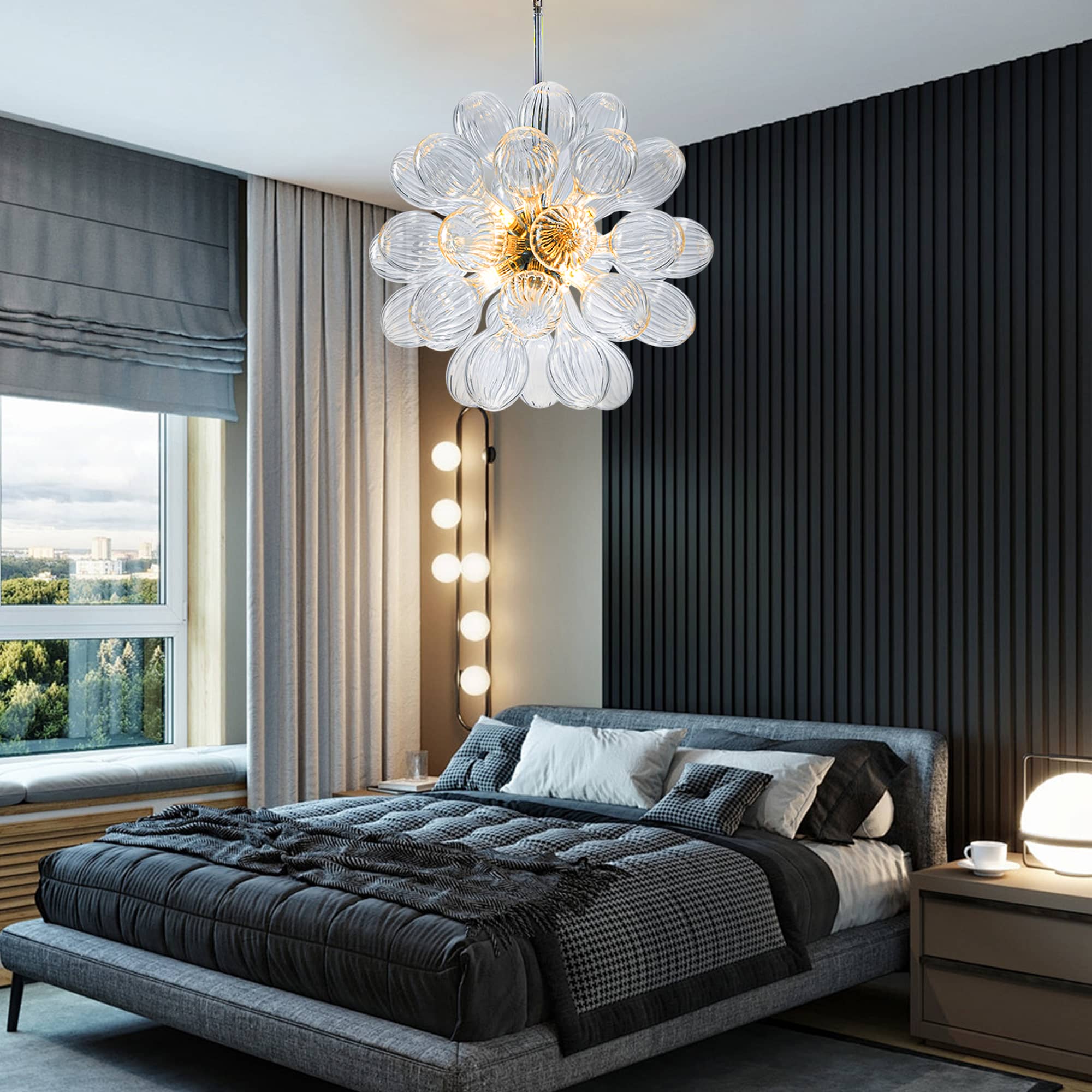 Blown Glass Bubbles Chandelier Sputnik Shape Clear Ribbed - BeyPan