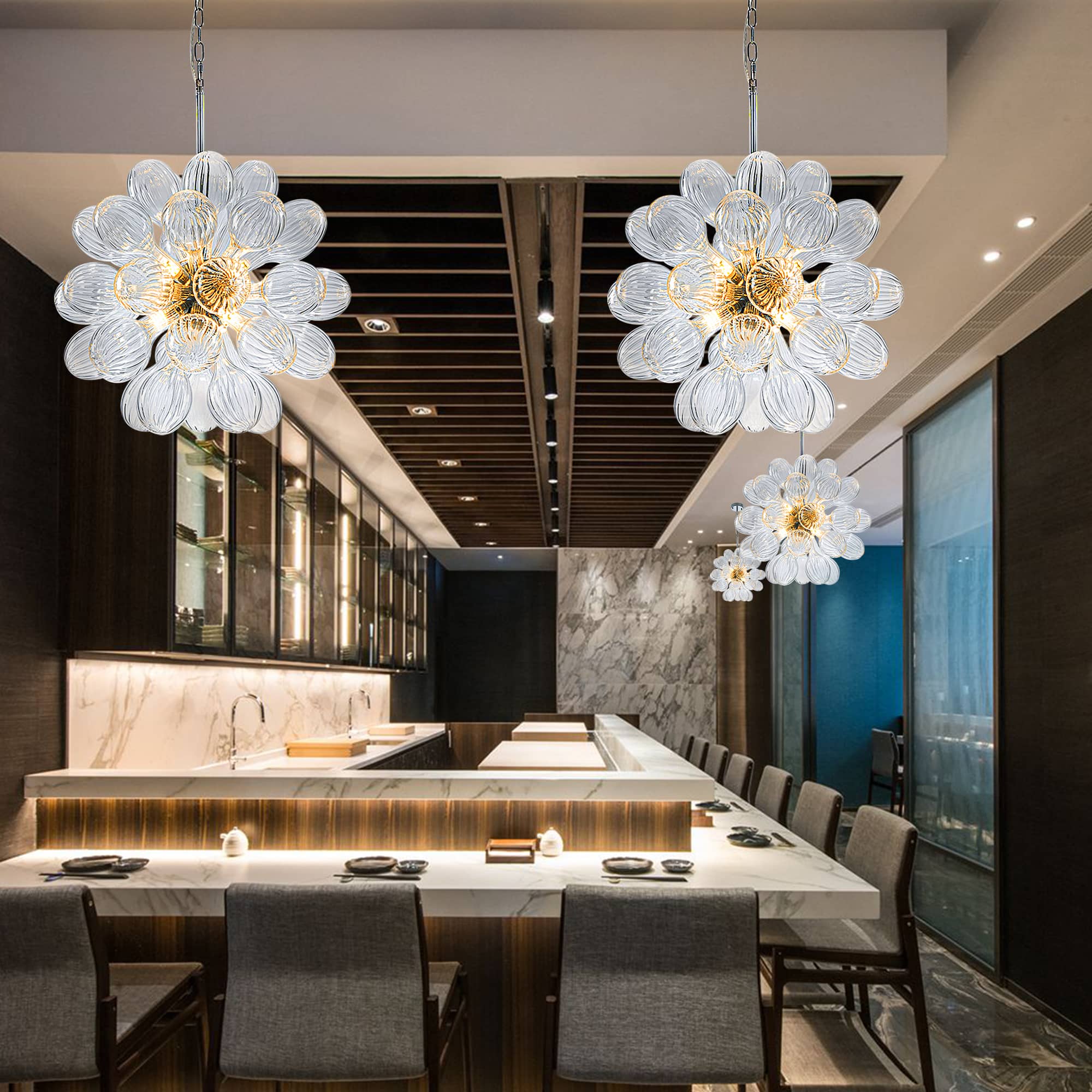 Blown Glass Bubbles Chandelier Sputnik Shape Clear Ribbed - BeyPan