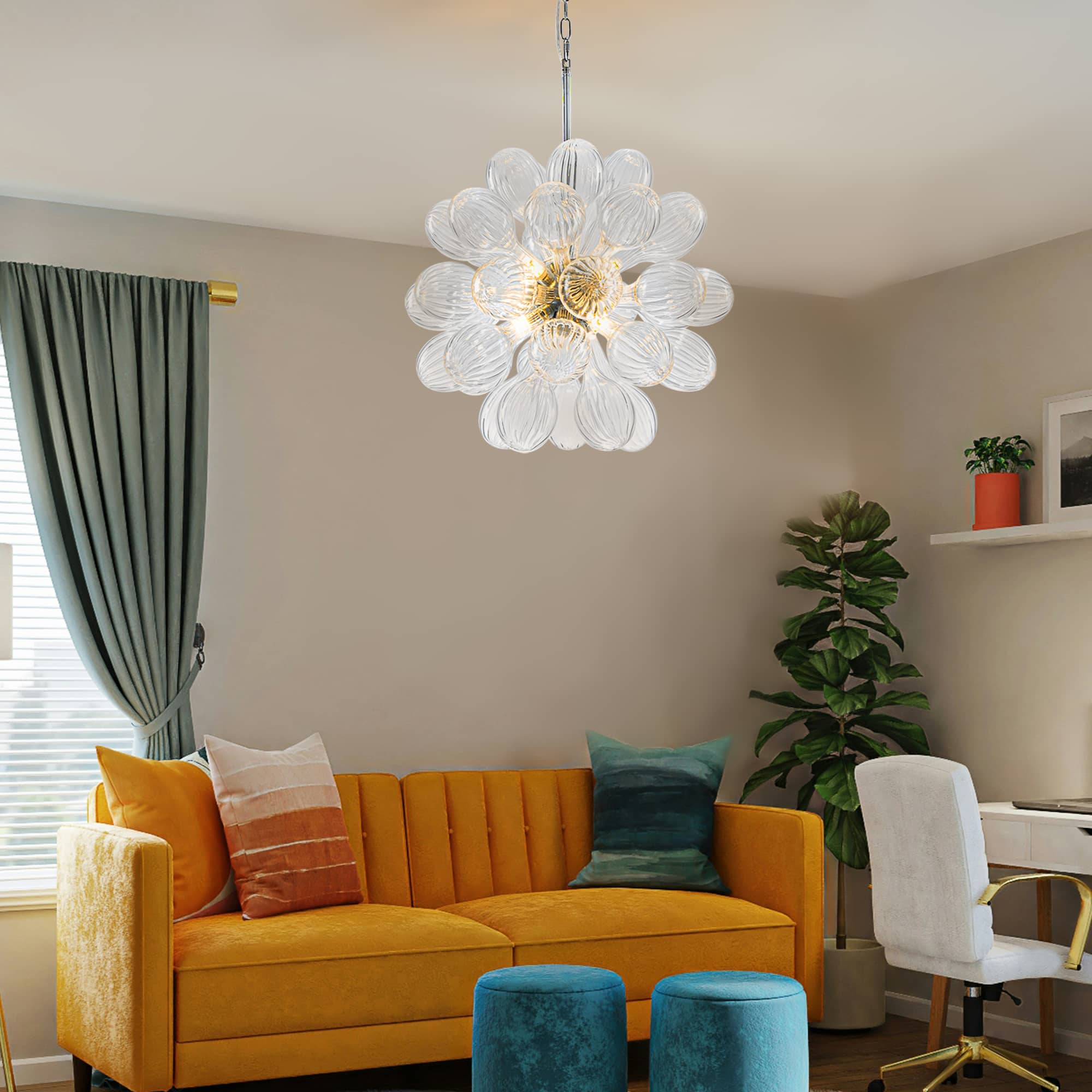 Blown Glass Bubbles Chandelier Sputnik Shape Clear Ribbed - BeyPan