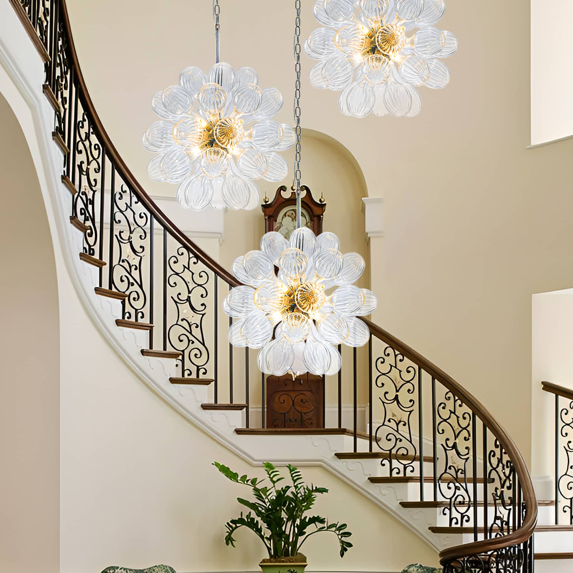 Blown Glass Bubbles Chandelier Sputnik Shape Clear Ribbed - BeyPan
