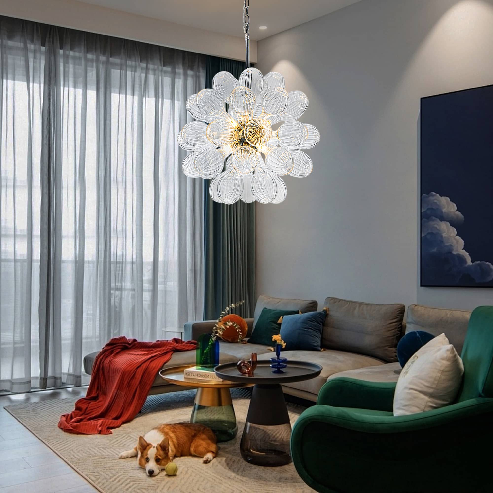 Blown Glass Bubbles Chandelier Sputnik Shape Clear Ribbed - BeyPan