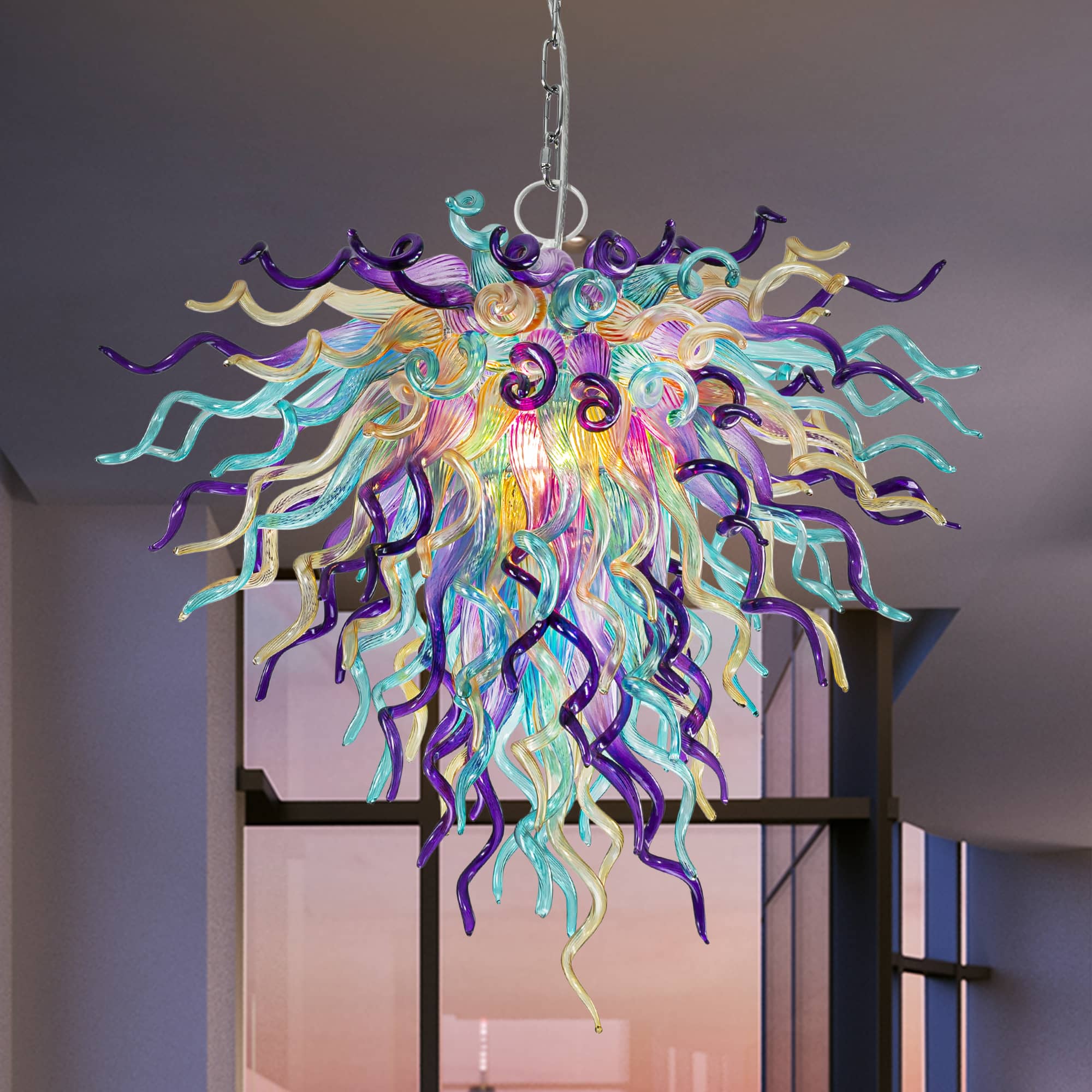 Blown Glass Chandelier Invert Cone Amber Purple Aqua D22"XH18" - BeyPan Hauptbild