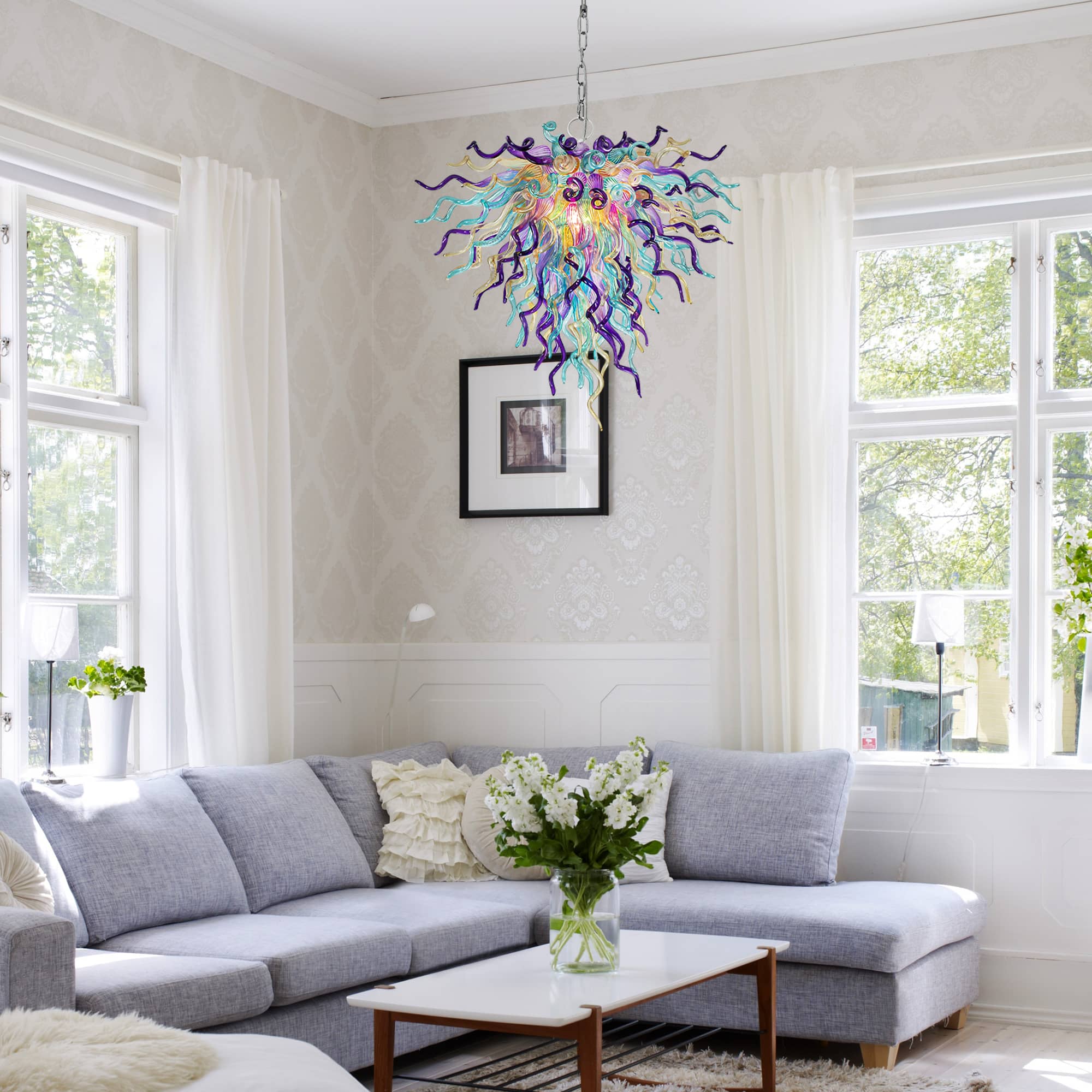 Blown Glass Chandelier Invert Cone Amber Purple Aqua D22"XH18" - BeyPan