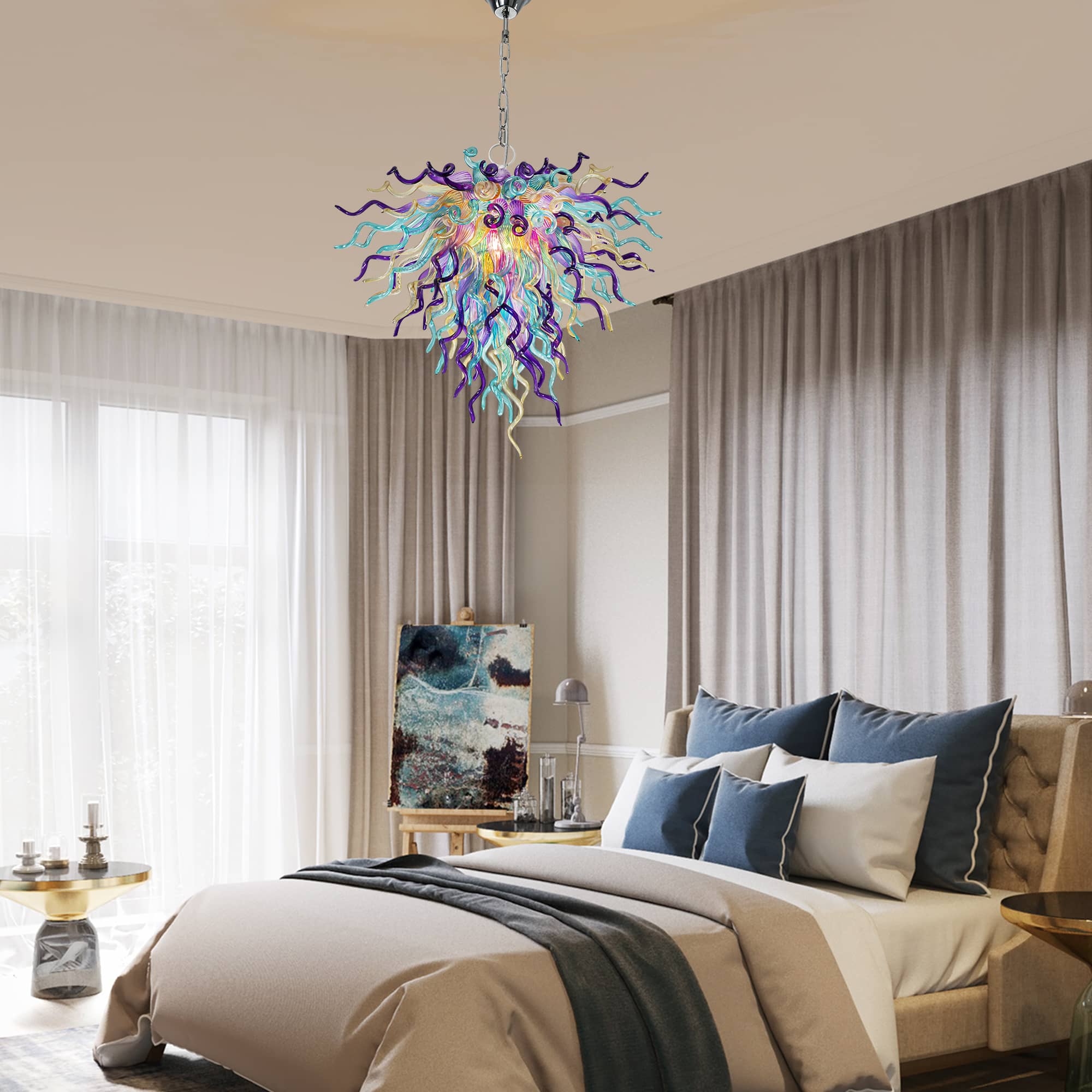 Blown Glass Chandelier Invert Cone Amber Purple Aqua D22"XH18" - BeyPan
