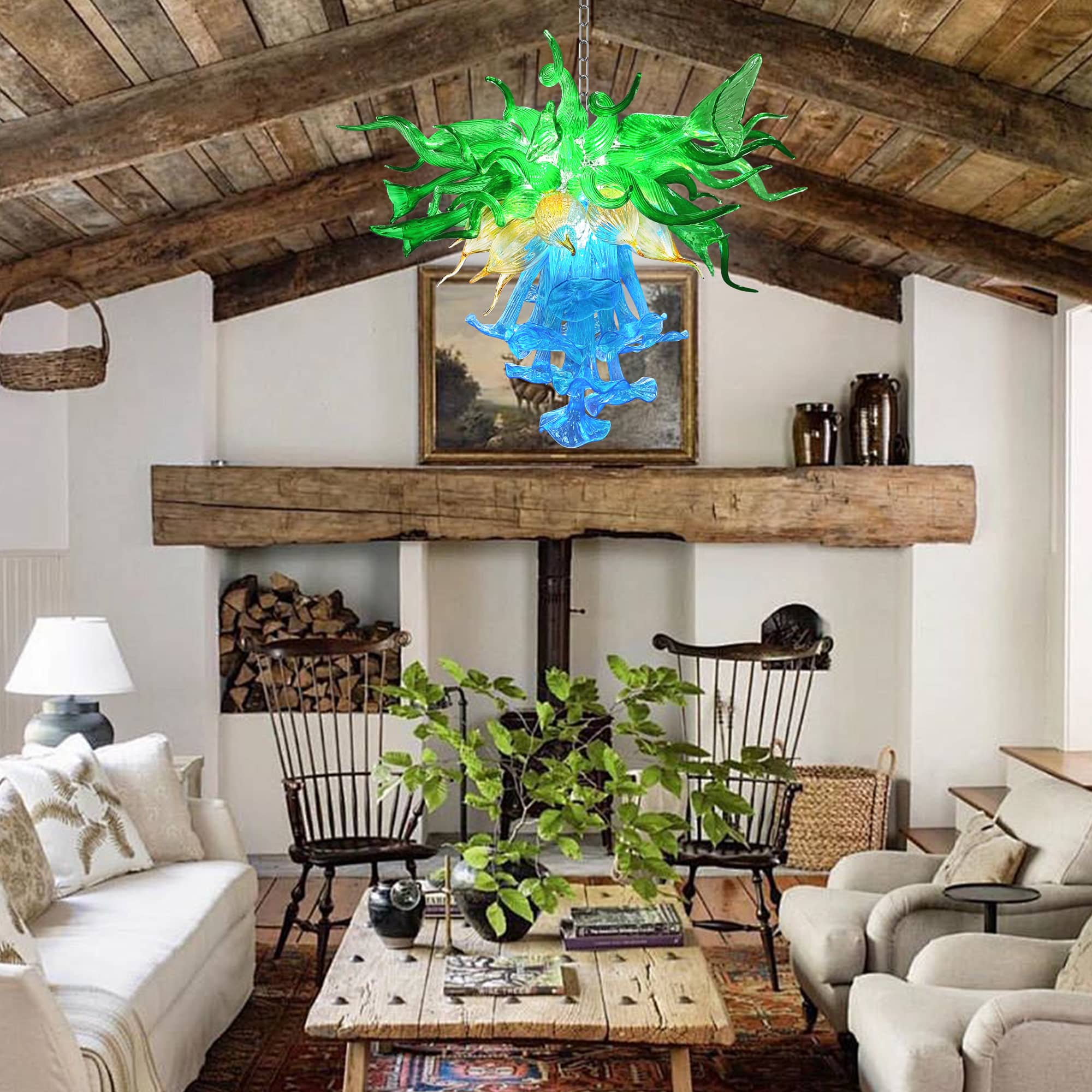 Blown Glass Chandelier Three Layers Blue Green And Gold - BeyPan