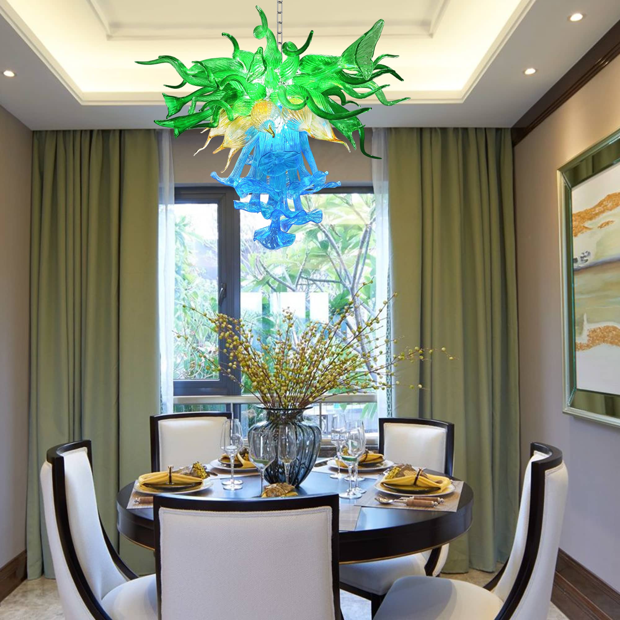 Blown Glass Chandelier Three Layers Blue Green And Gold - BeyPan