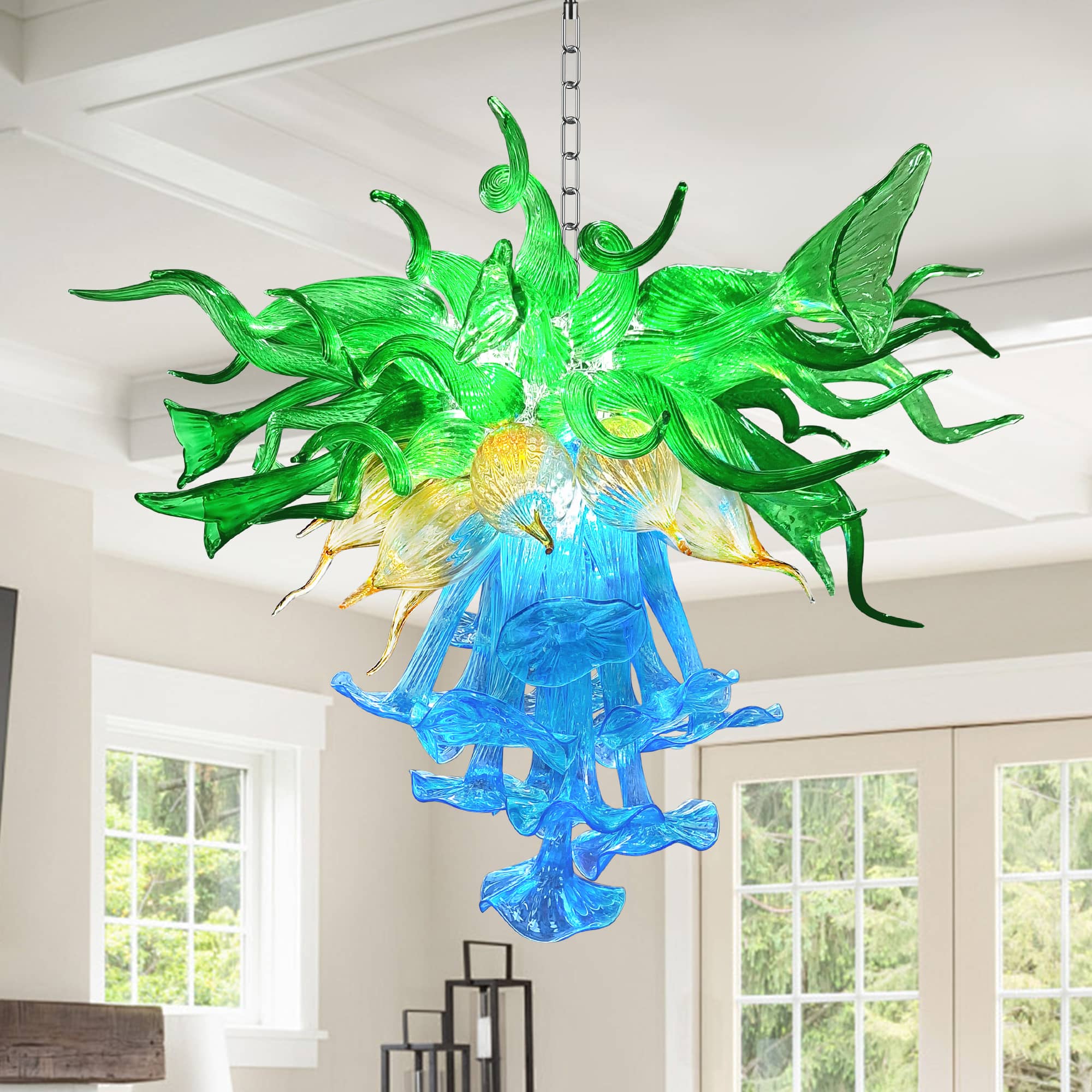 Blown Glass Chandelier Three Layers Blue Green And Gold - BeyPan Hauptbild