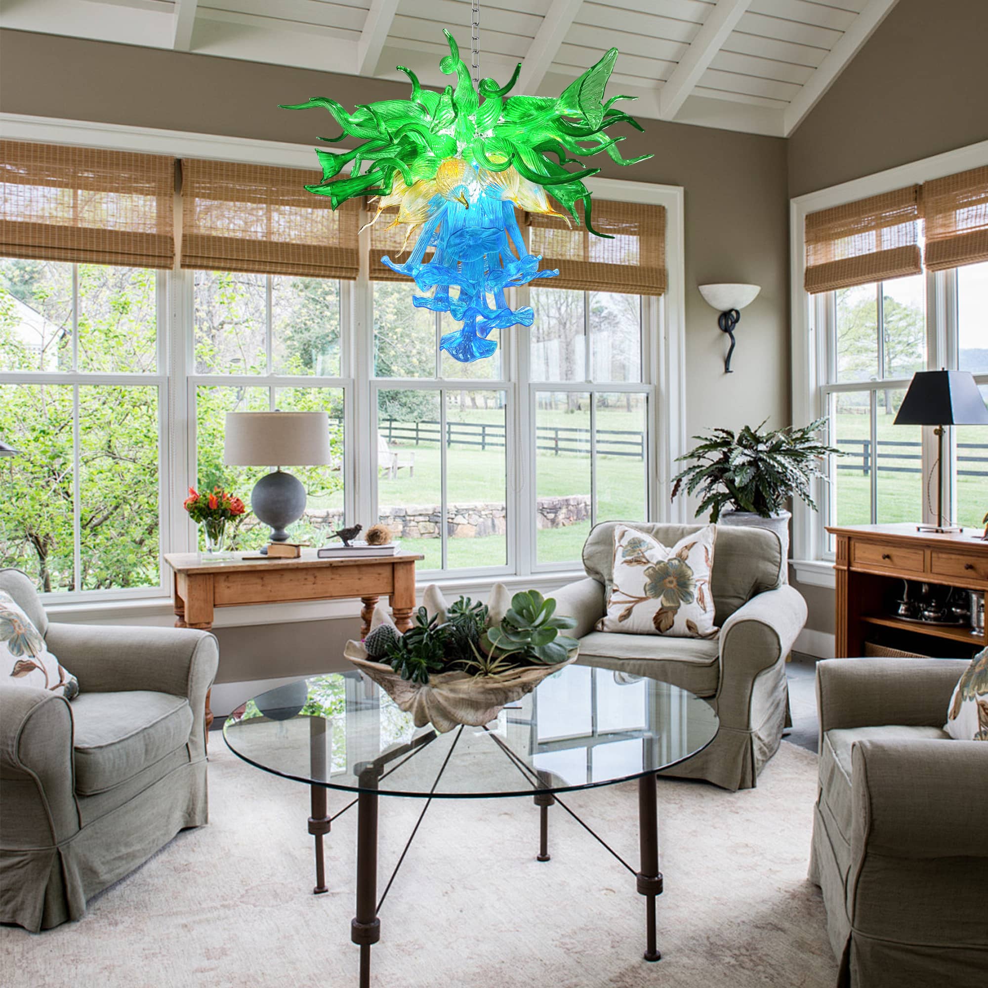 Blown Glass Chandelier Three Layers Blue Green And Gold - BeyPan