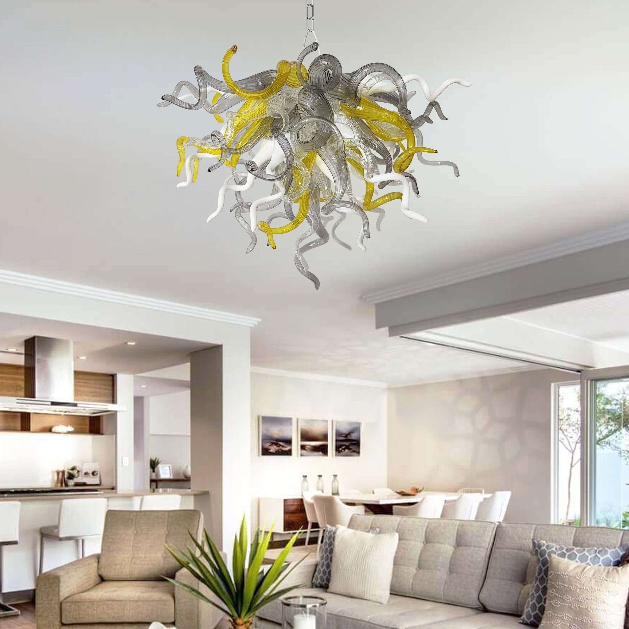 Blown Glass Chandelier - Yellow White & Gray Contemporary Art Lighting - BeyPan