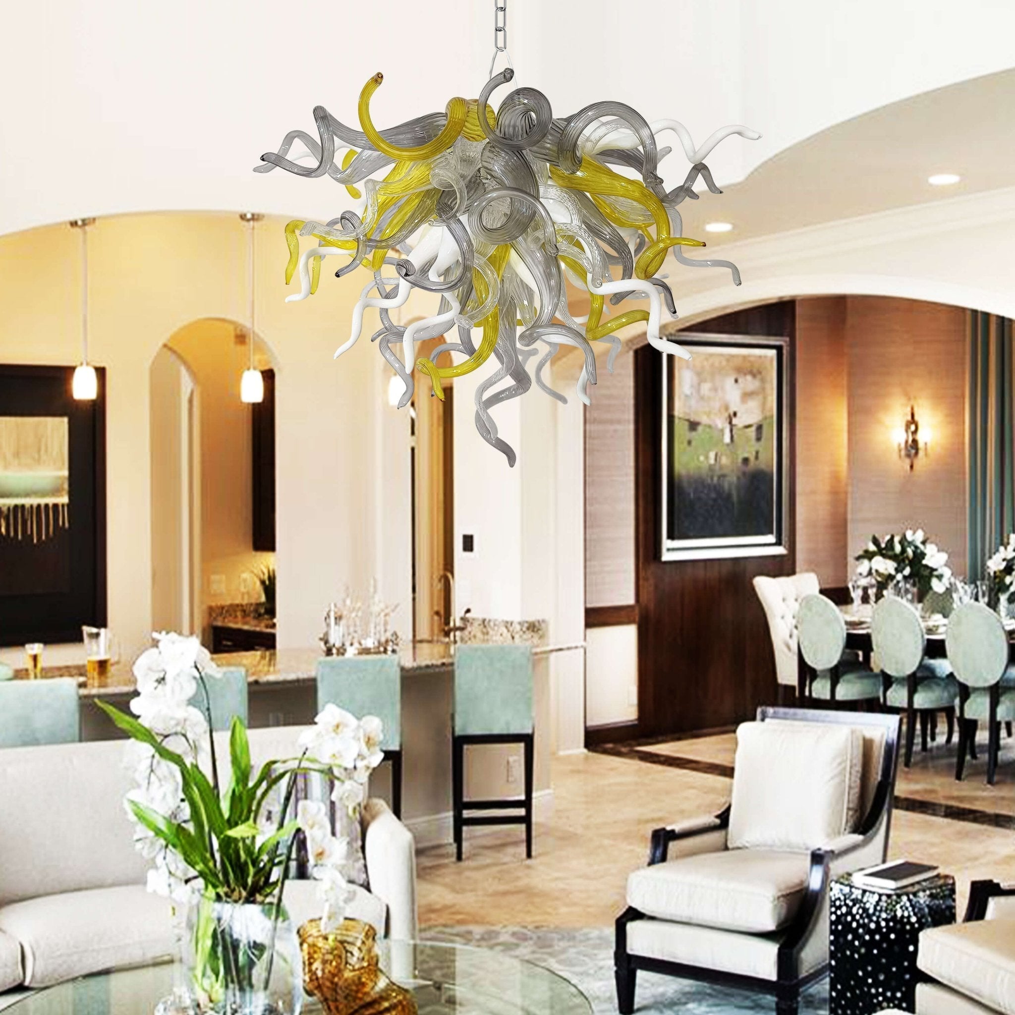 Blown Glass Chandelier - Yellow White & Gray Contemporary Art Lighting - BeyPan