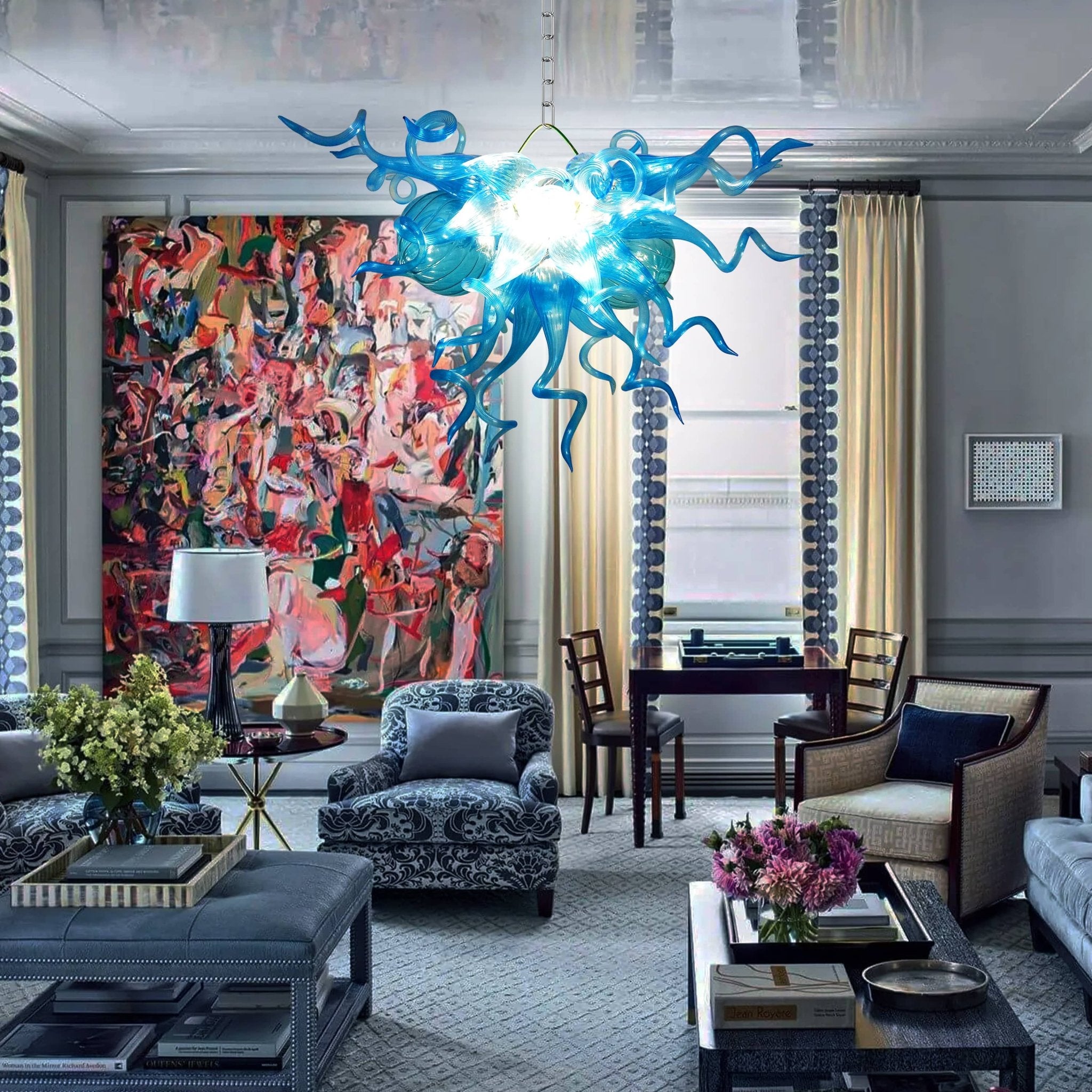 Blown Glass Chandeliers Chihuly Style Blue Color - BeyPan
