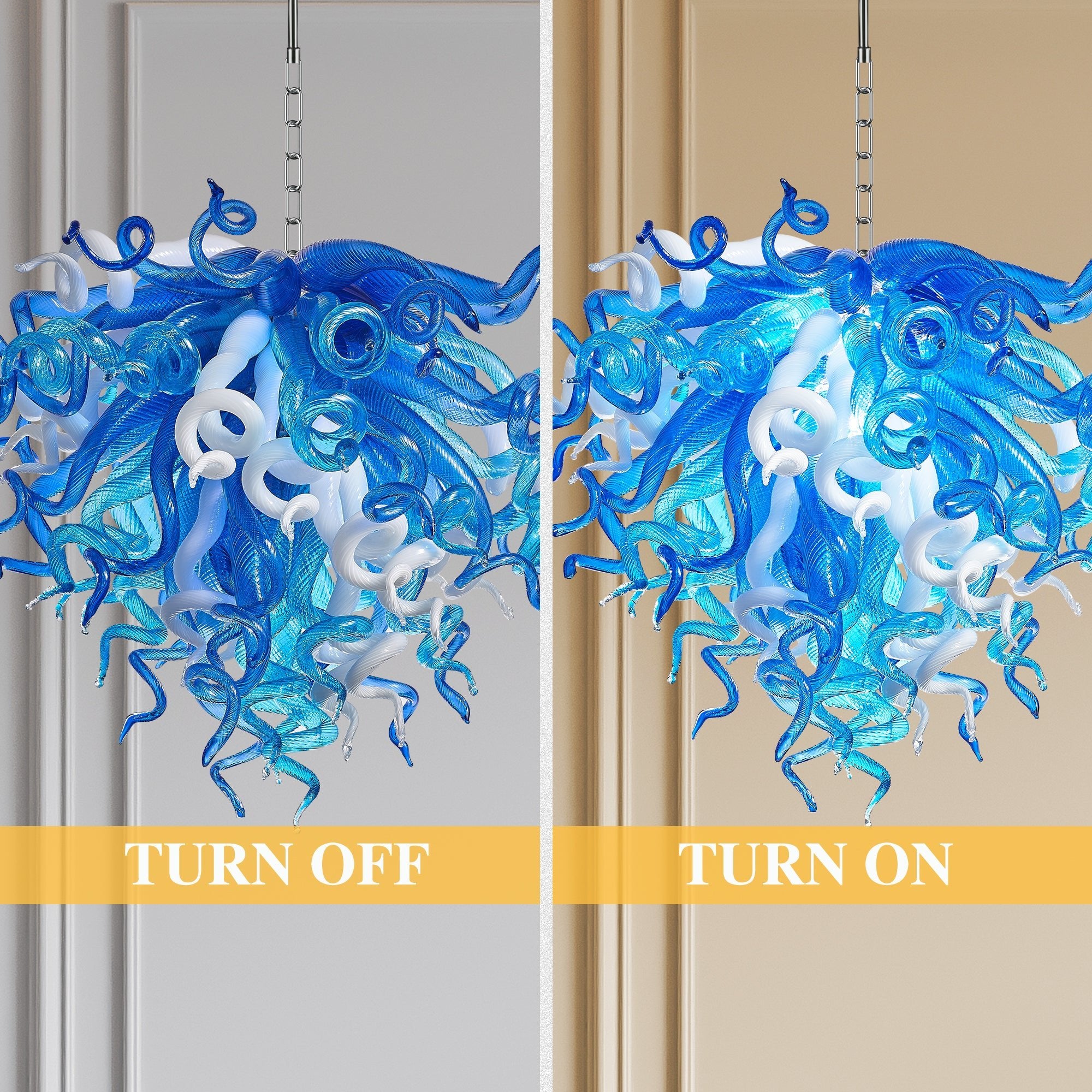 Blue and White Hand-Blown Glass Chandelier Modern Sculptural Liuli Artwork Pendant Light for Living Room Dining Room - BeyPan