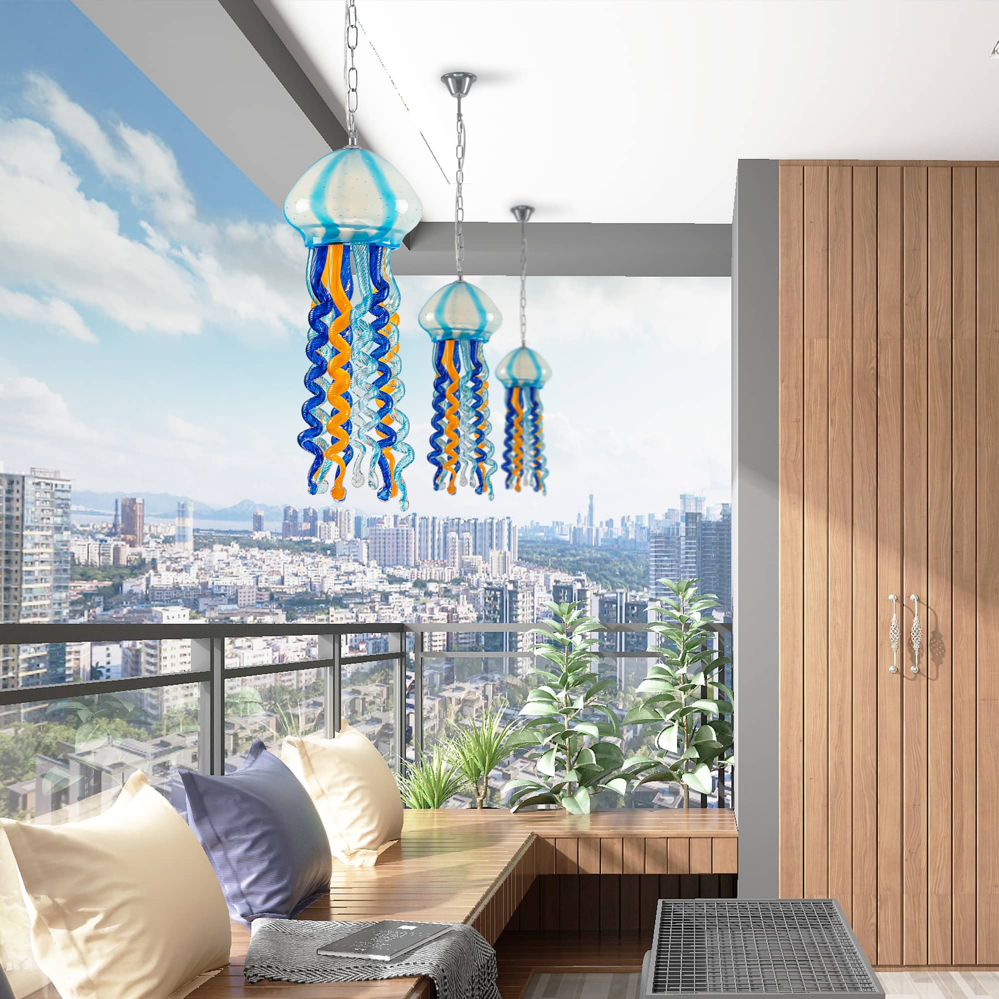 Blue & Orange Murano Glass Jellyfish Pendant - Artistic Wind Chime & Suncatcher - BeyPan