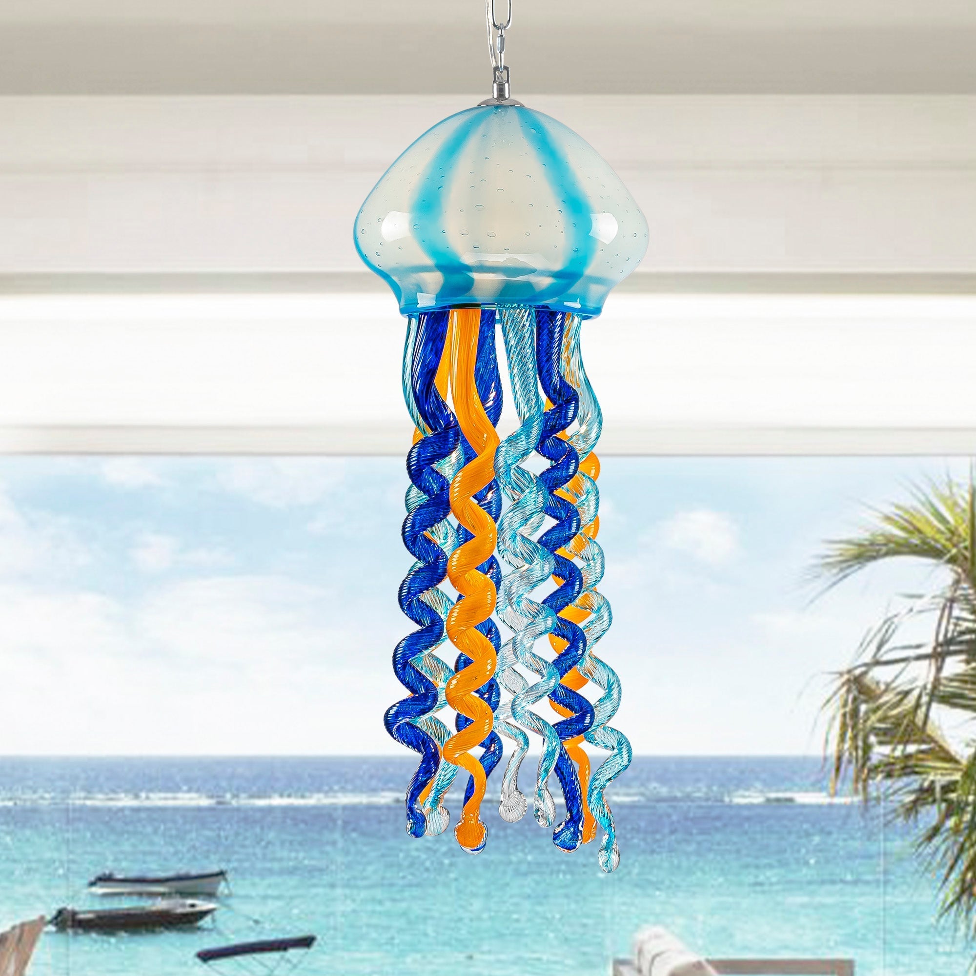Blue & Orange Murano Glass Jellyfish Pendant - Artistic Wind Chime & Suncatcher - BeyPan