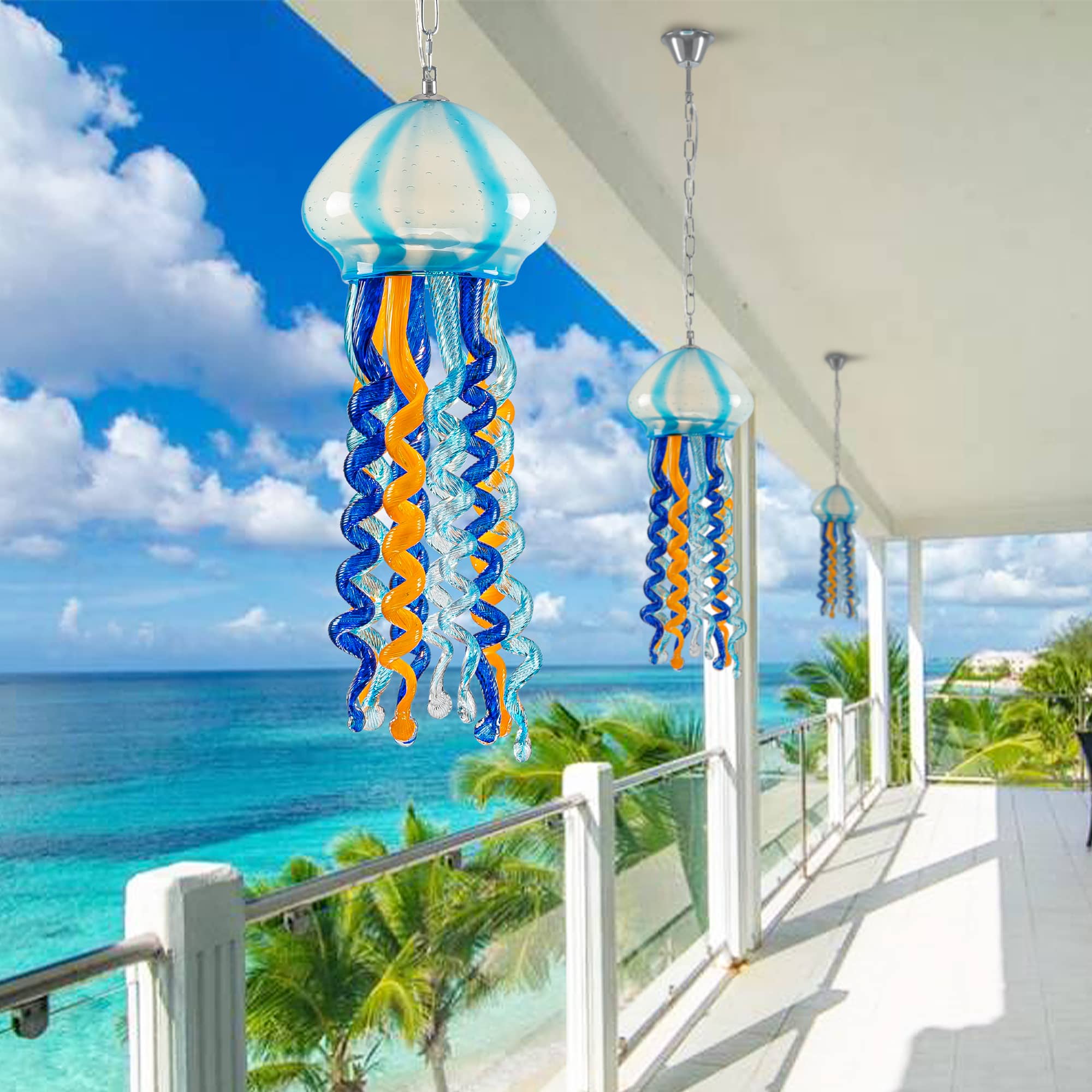 Blue & Orange Murano Glass Jellyfish Pendant - Artistic Wind Chime & Suncatcher - BeyPan