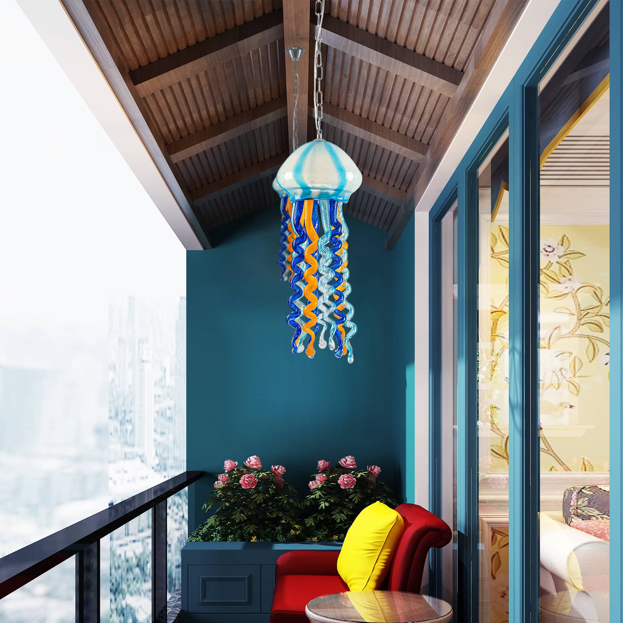 Blue & Orange Murano Glass Jellyfish Pendant - Artistic Wind Chime & Suncatcher - BeyPan