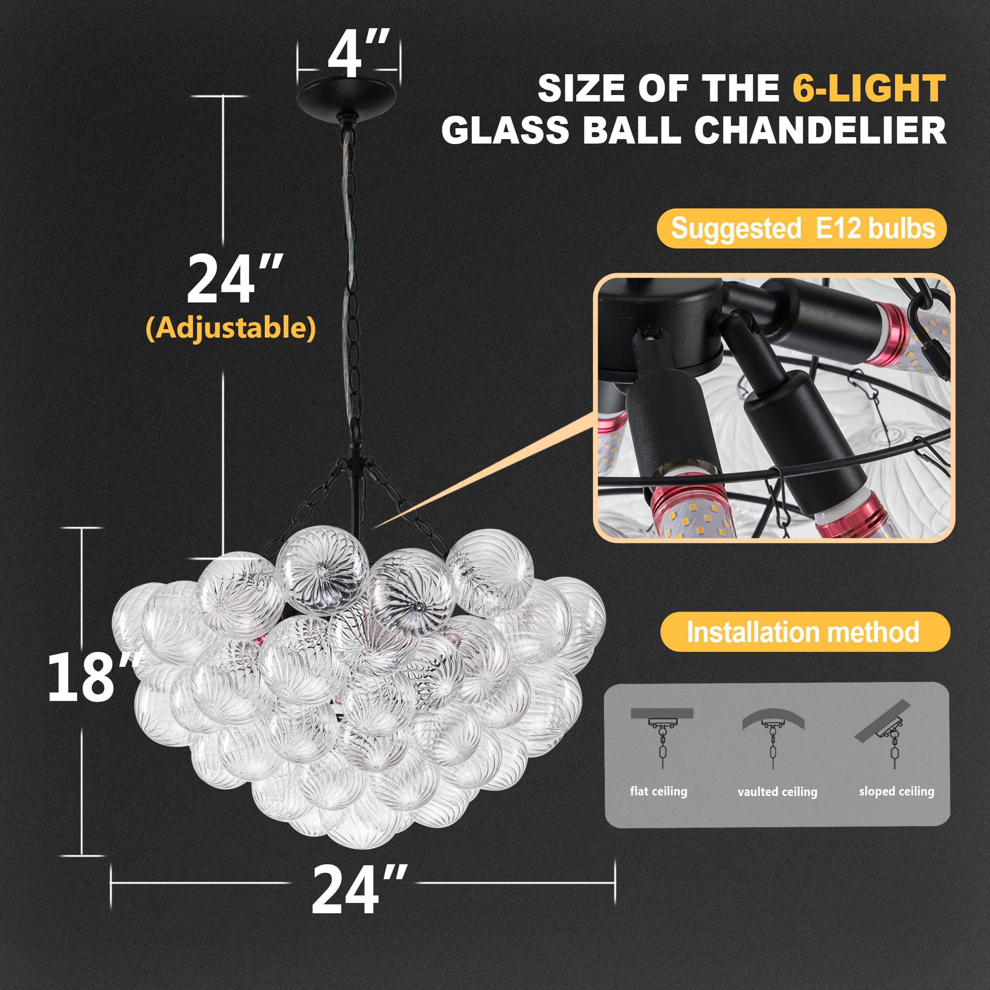 Bubbles Chandelier Clear Swirled Texture Ball Black Frame - BeyPan