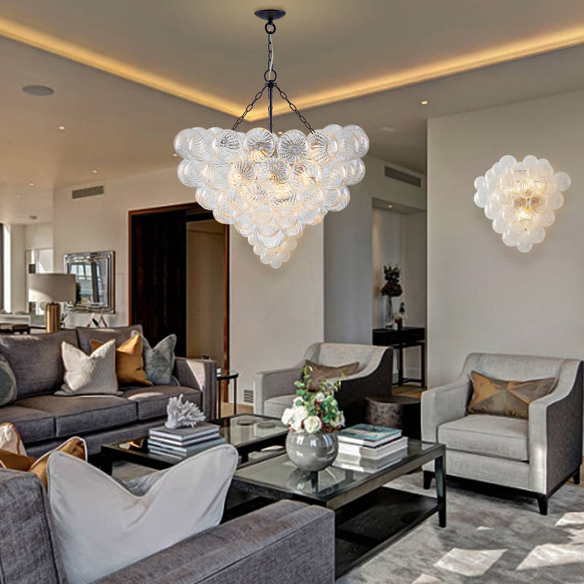 Bubbles Chandelier Clear Swirled Texture Ball Black Frame - BeyPan