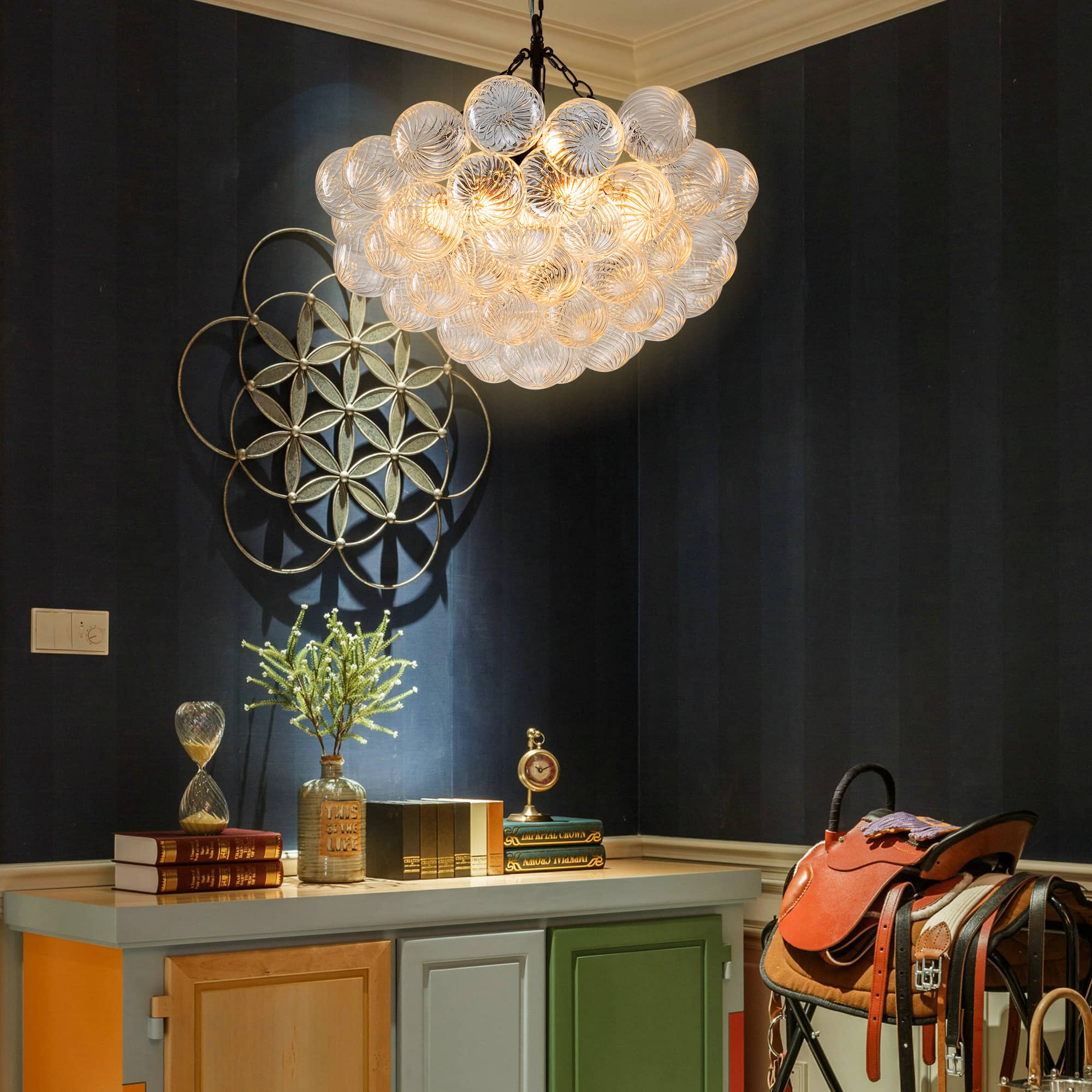 Bubbles Chandelier Clear Swirled Texture Ball Black Frame - BeyPan