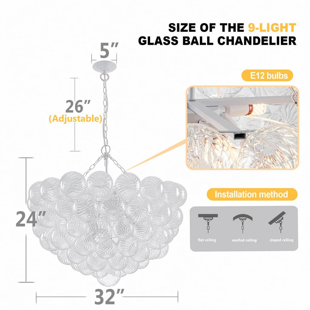 Bubbles Chandelier Clear Swirled Texture Ball White Frame - BeyPan