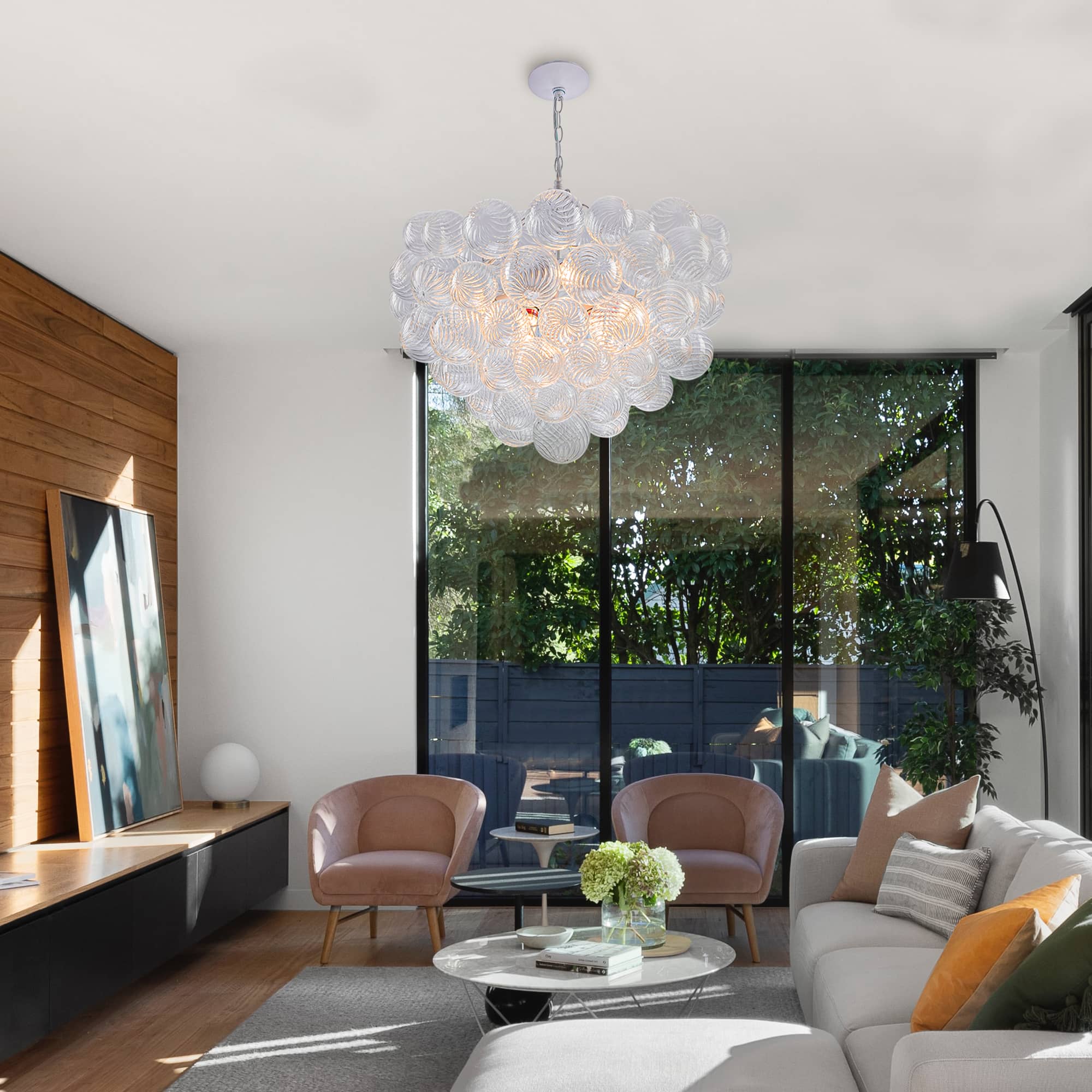 Bubbles Chandelier Clear Swirled Texture Ball White Frame - BeyPan