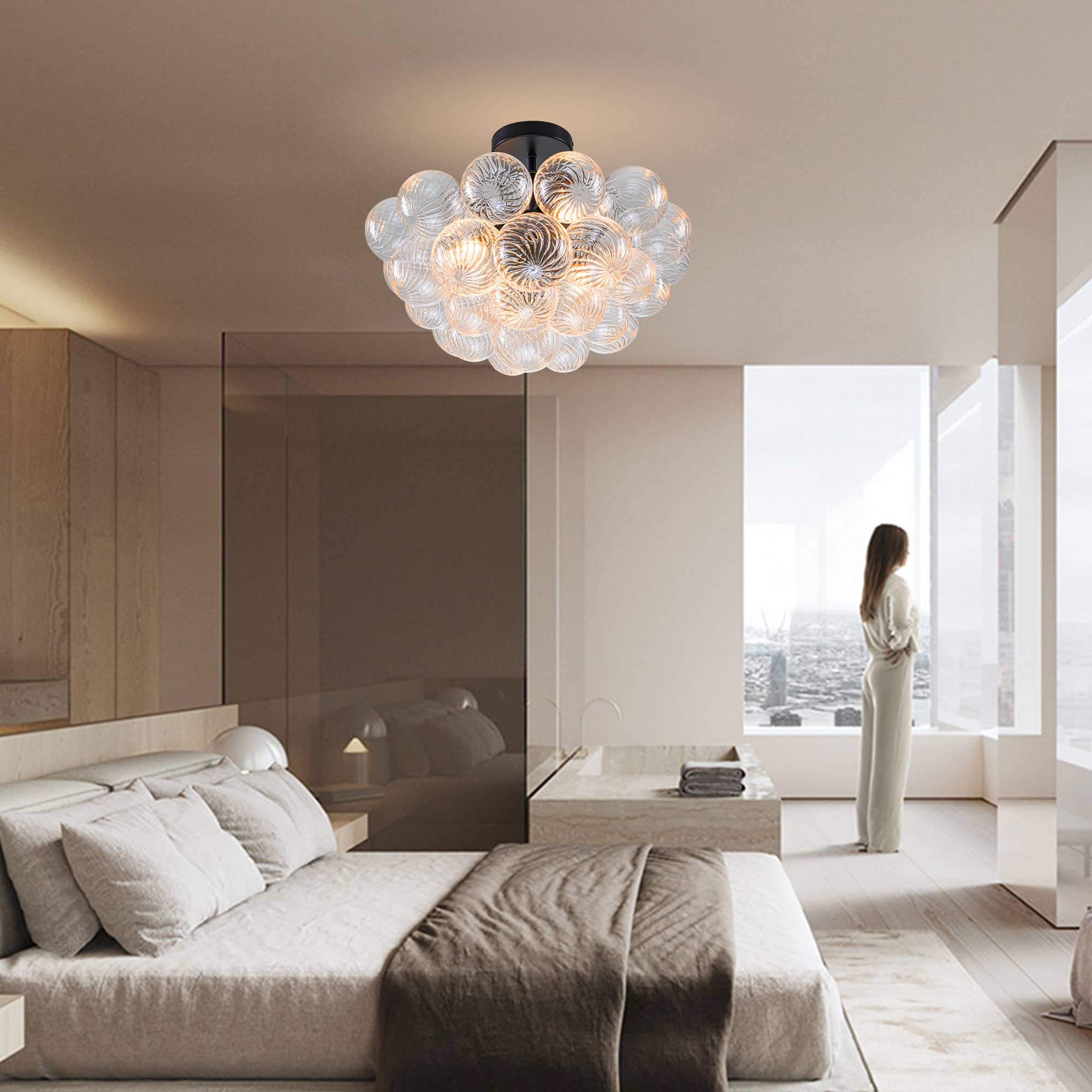 Bubbles Chandelier Semi-Flush Mounted Clear Ribbed Ball Black Frame - BeyPan