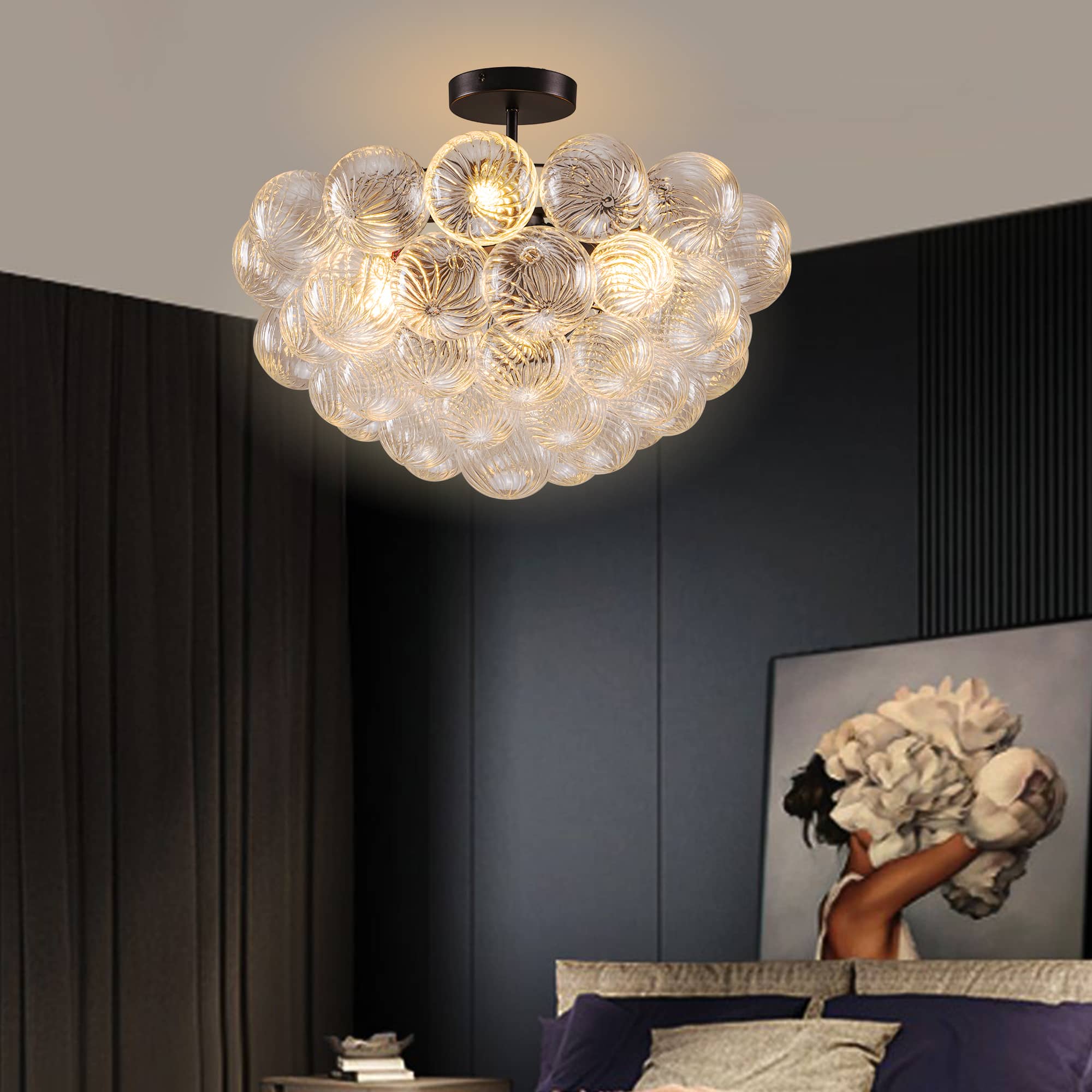Bubbles Chandelier Semi-Flush Mounted Clear Ribbed Ball Black Frame - BeyPan