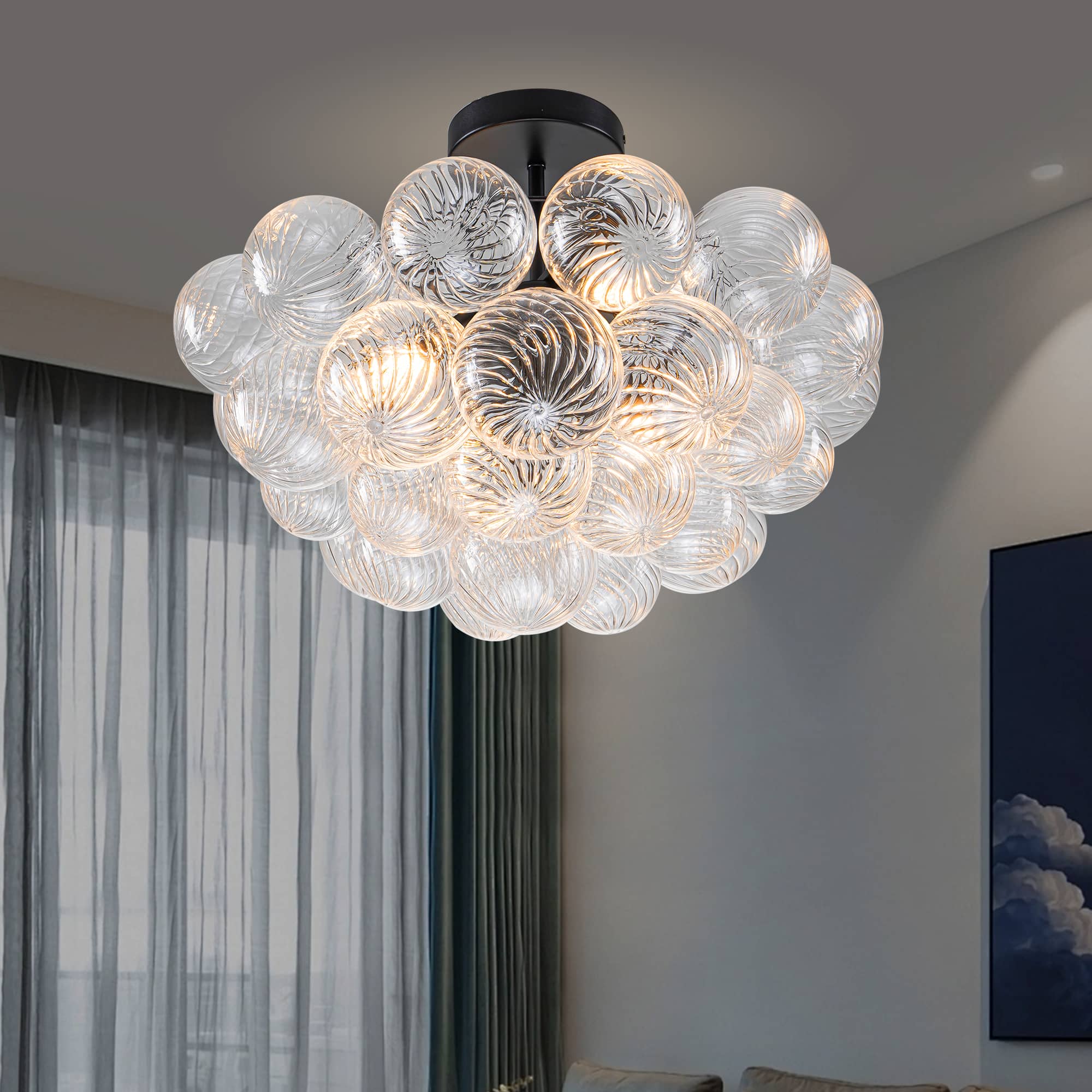 Bubbles Chandelier Semi-Flush Mounted Clear Ribbed Ball Black Frame - BeyPan
