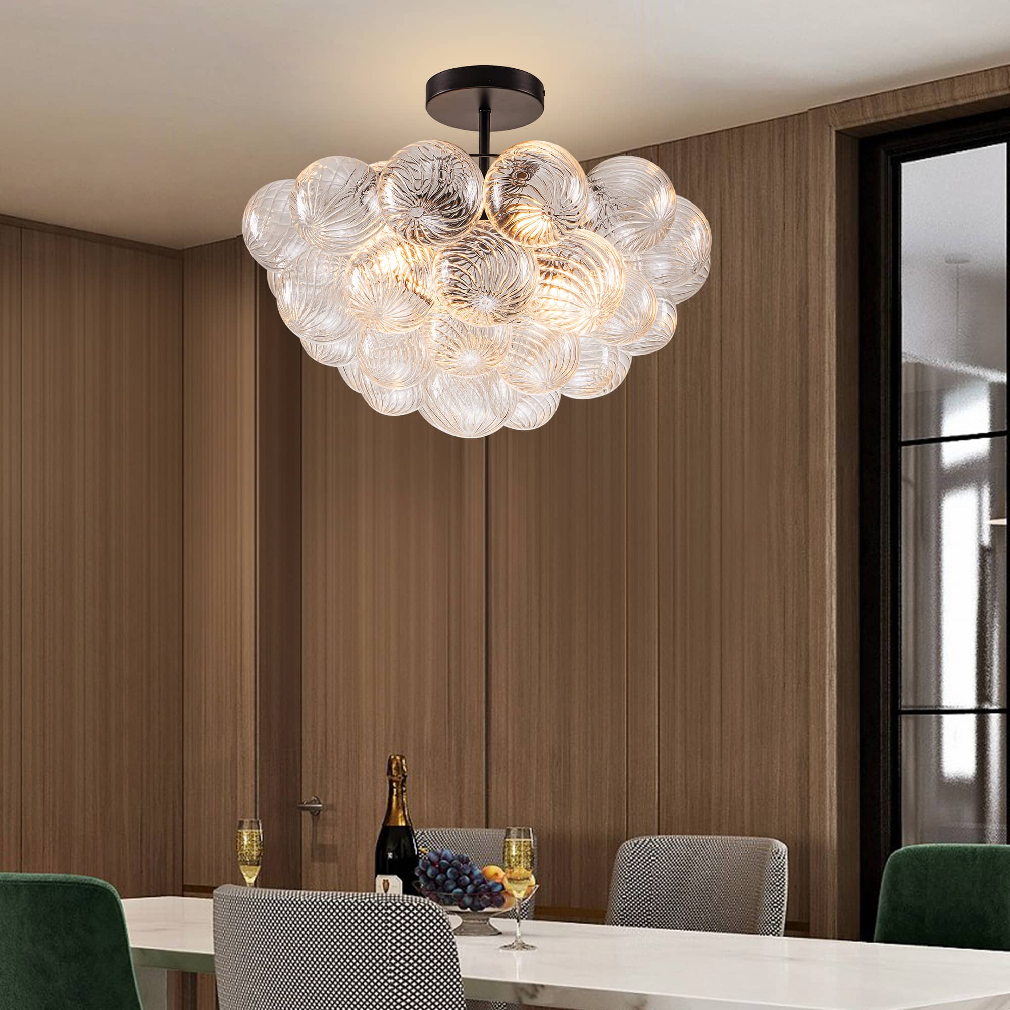 Bubbles Chandelier Semi-Flush Mounted Clear Ribbed Ball Black Frame - BeyPan