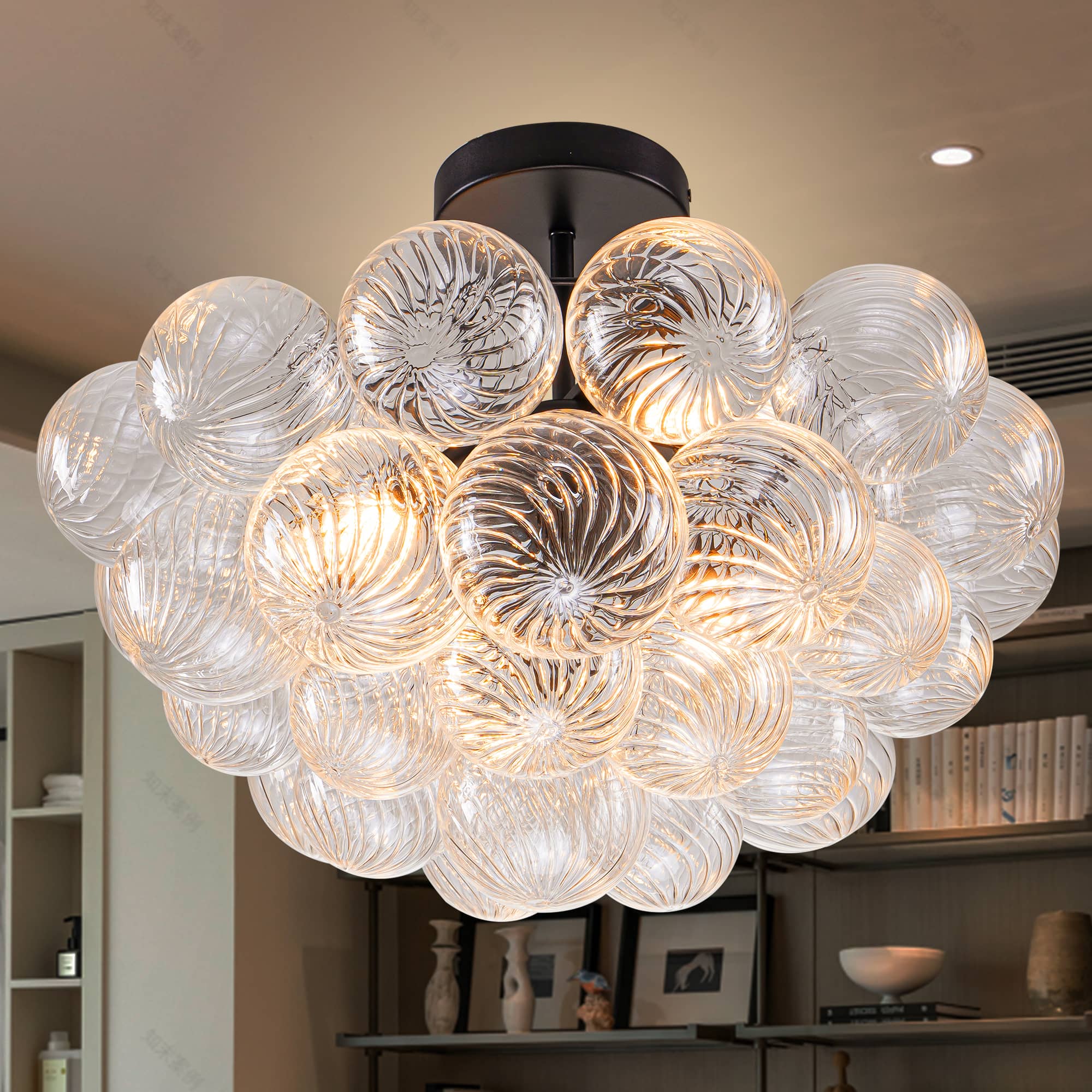 Bubbles Chandelier Semi-Flush Mounted Clear Ribbed Ball Black Frame - BeyPan