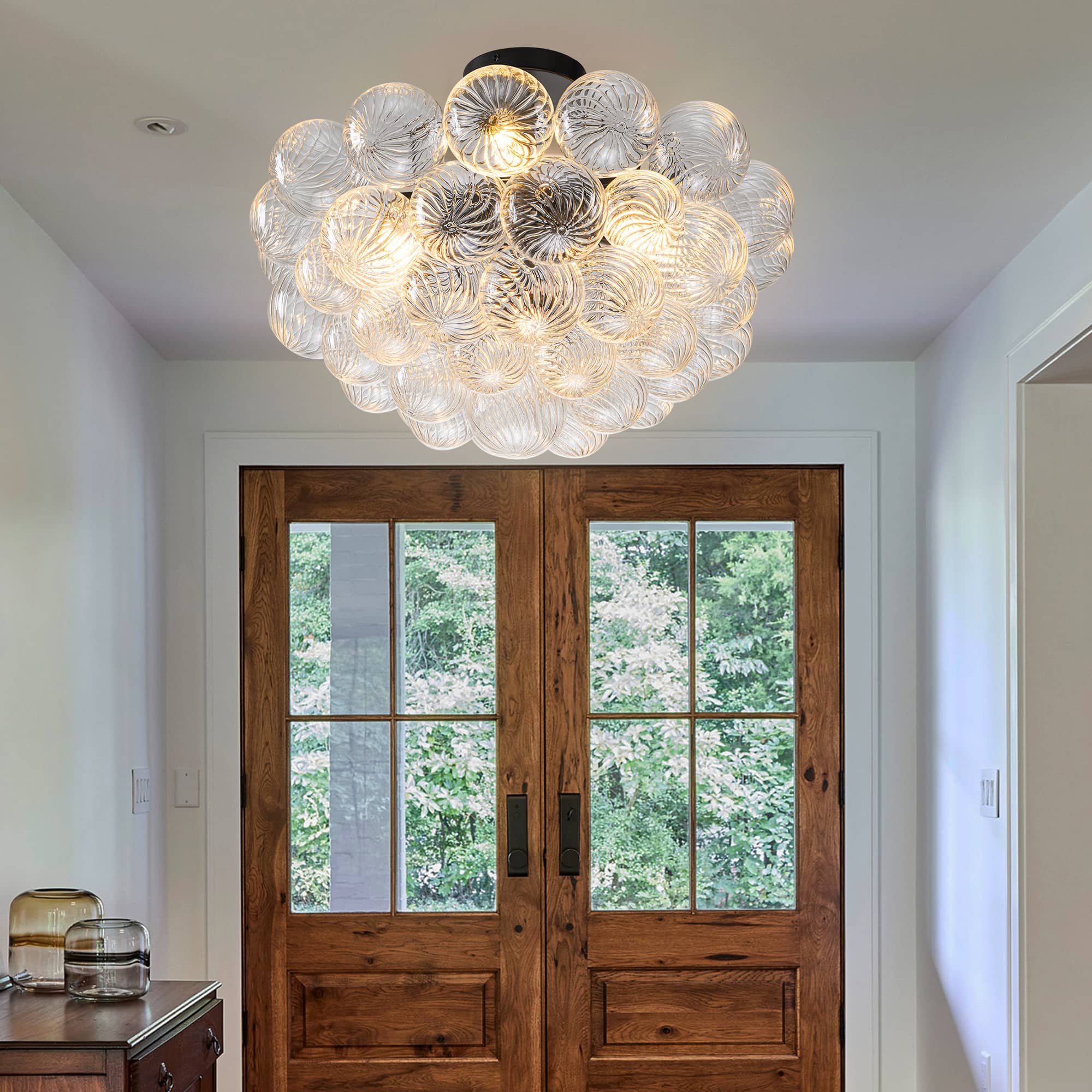 Bubbles Chandelier Semi-Flush Mounted Clear Ribbed Ball Black Frame - BeyPan