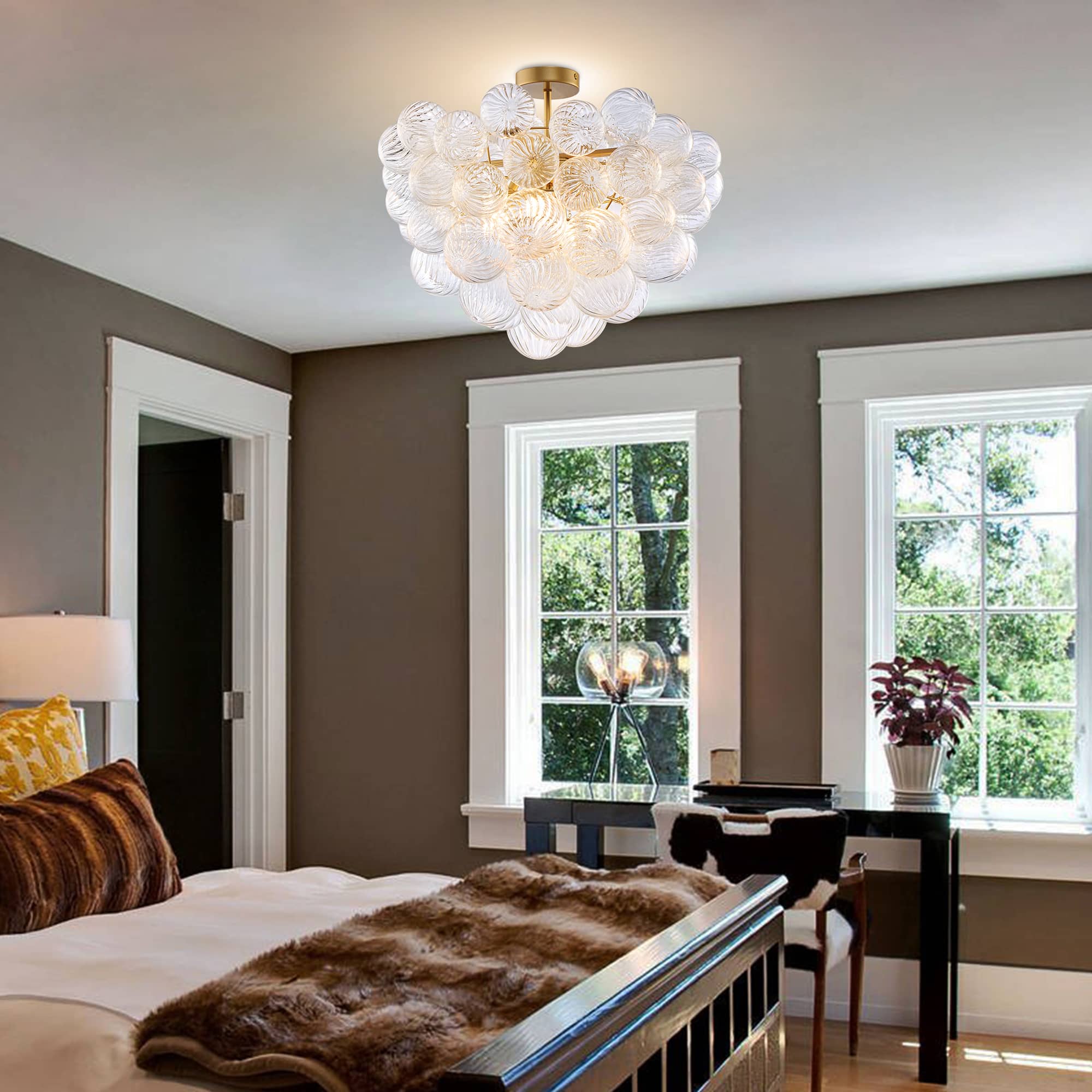 Bubbles Chandelier Semi-Flush Mounted Clear Ribbed Ball Gold Frame - BeyPan