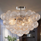 Bubbles Chandelier Semi-Flush Mounted Clear Ribbed Ball Nickel Frame - BeyPan