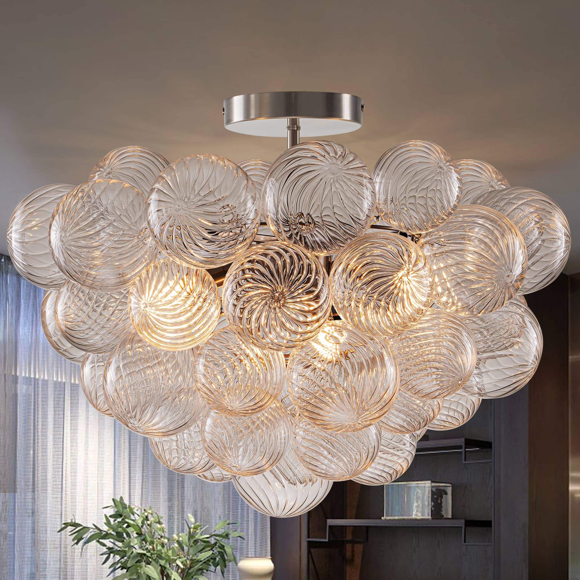 Bubbles Chandelier Semi-Flush Mounted Clear Ribbed Ball Nickel Frame - BeyPan
