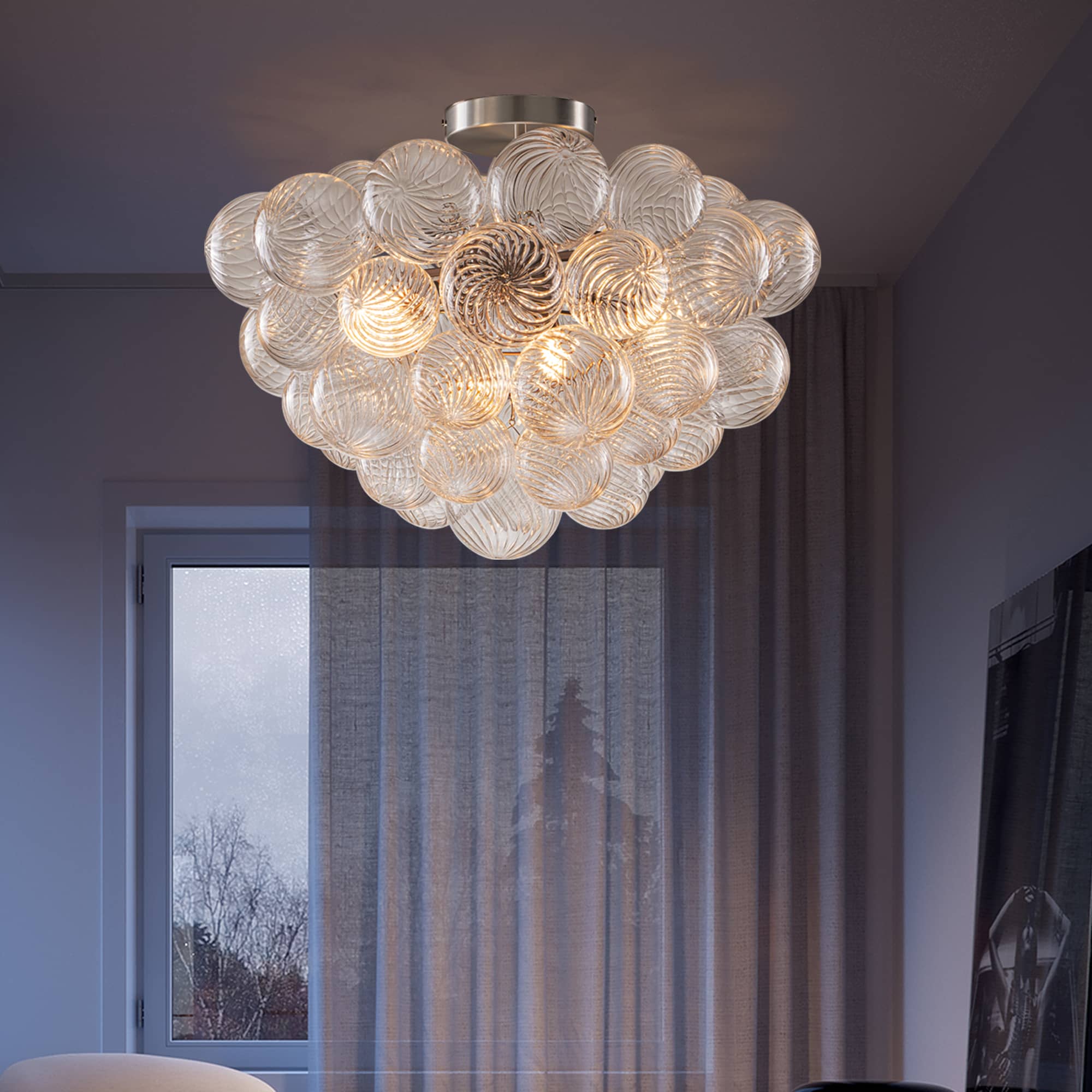 Bubbles Chandelier Semi-Flush Mounted Clear Ribbed Ball Nickel Frame - BeyPan