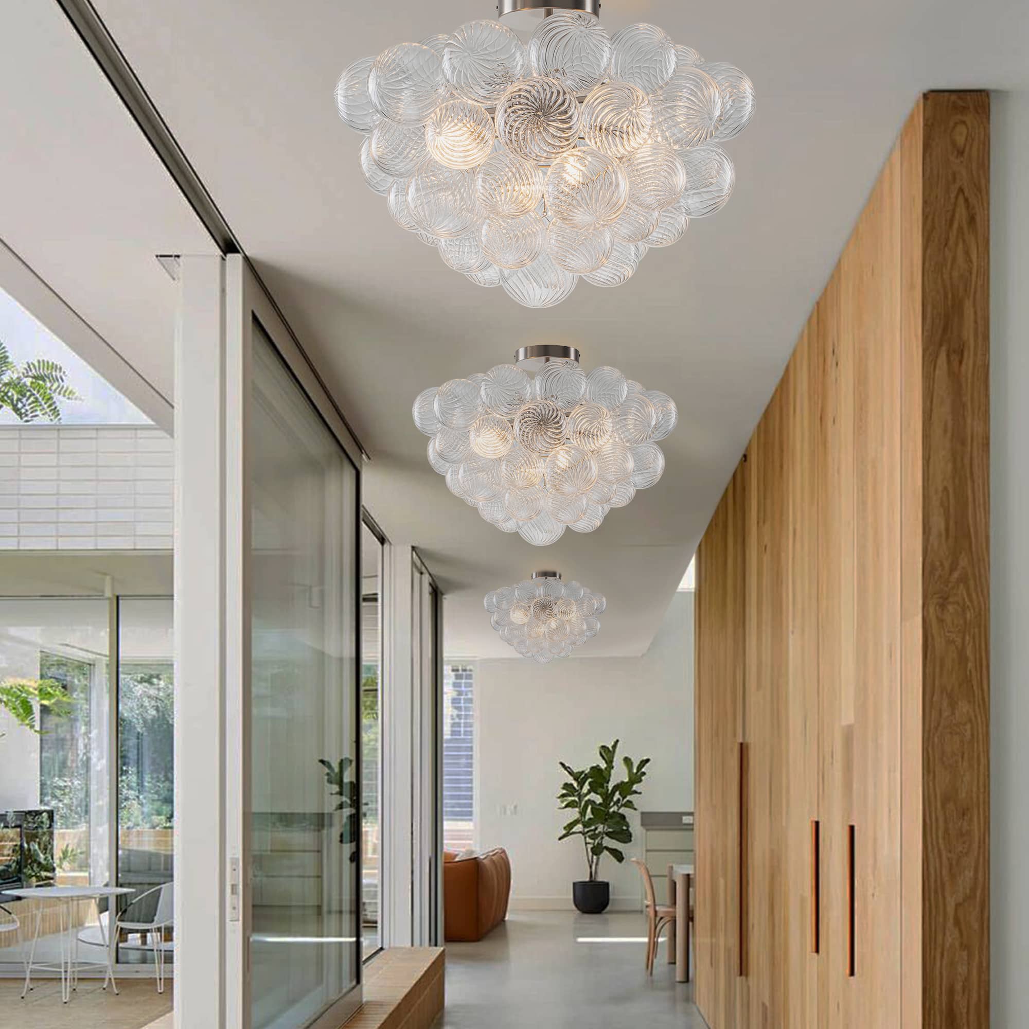 Bubbles Chandelier Semi-Flush Mounted Clear Ribbed Ball Nickel Frame - BeyPan
