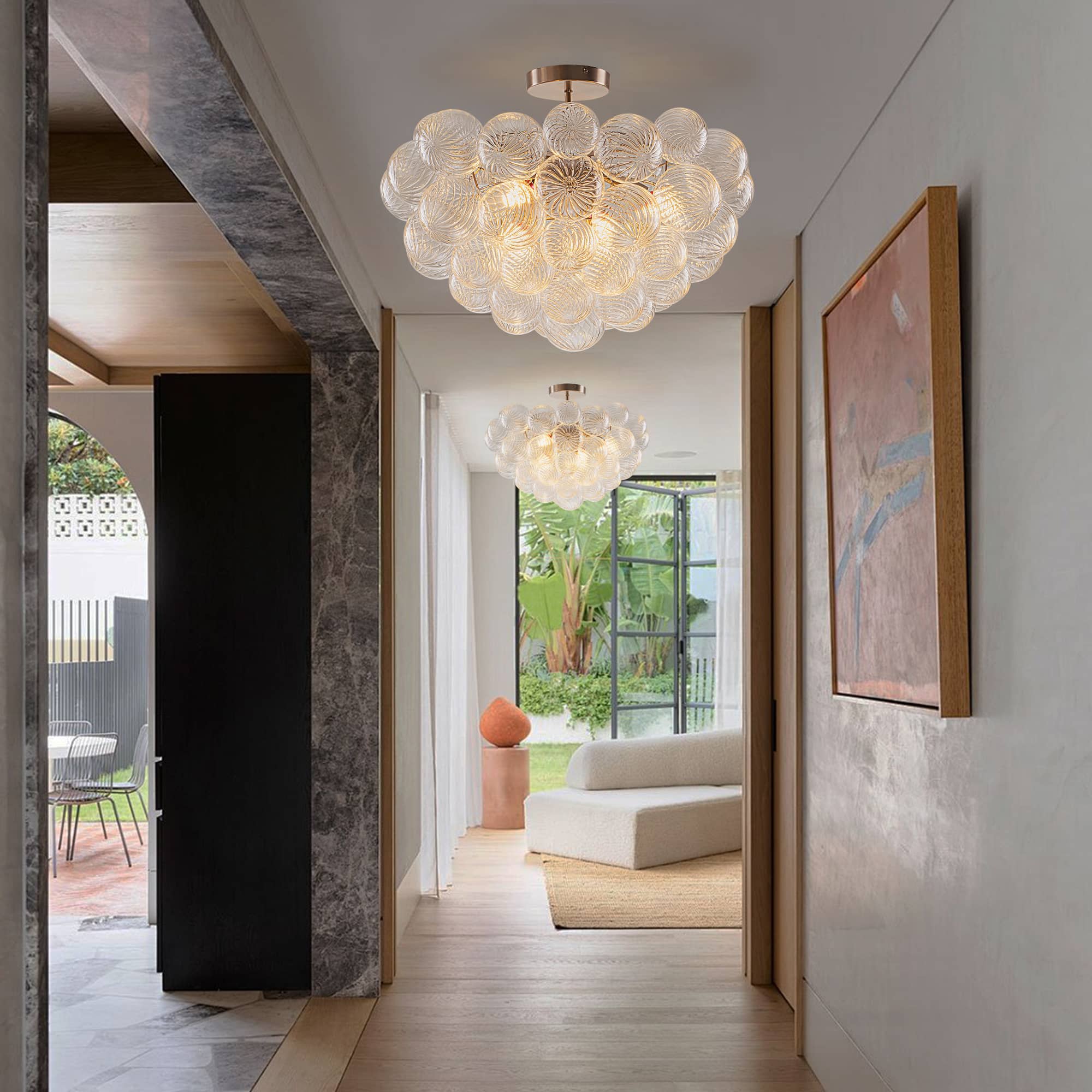 Bubbles Chandelier Semi-Flush Mounted Clear Ribbed Ball Nickel Frame - BeyPan