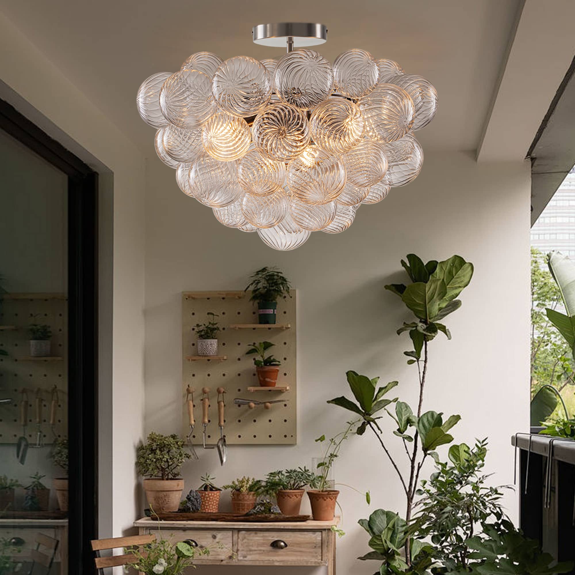 Bubbles Chandelier Semi-Flush Mounted Clear Ribbed Ball Nickel Frame - BeyPan