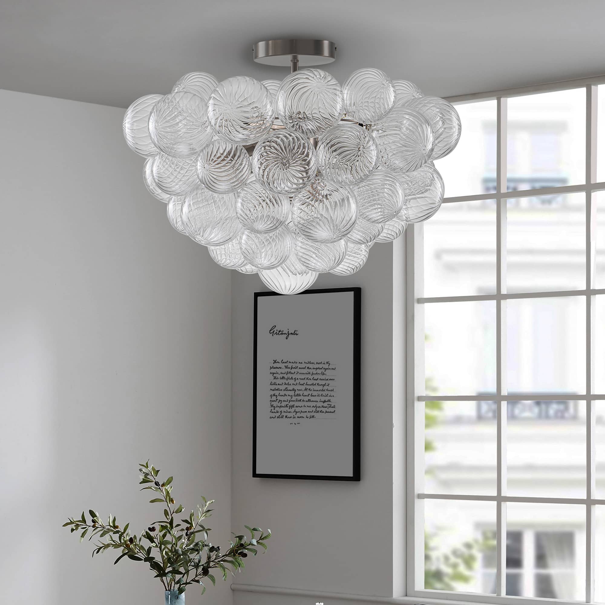 Bubbles Chandelier Semi-Flush Mounted Clear Ribbed Ball Nickel Frame - BeyPan