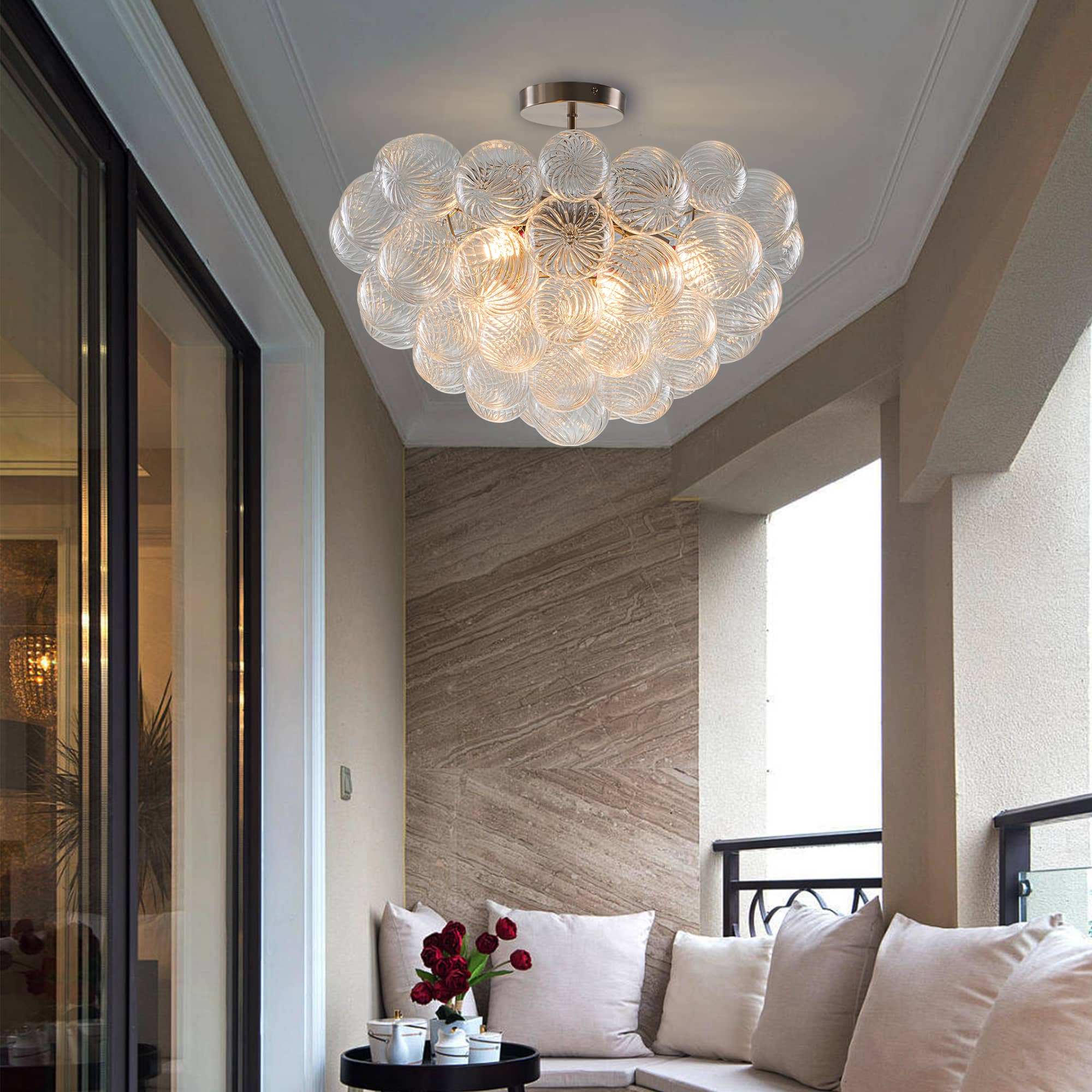 Bubbles Chandelier Semi-Flush Mounted Clear Ribbed Ball Nickel Frame - BeyPan