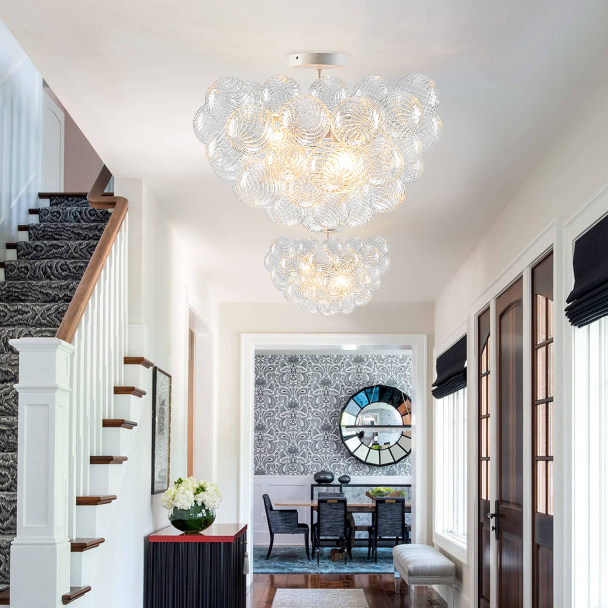 Bubbles Chandelier Semi-Flush Mounted Clear Ribbed Ball White Frame - BeyPan