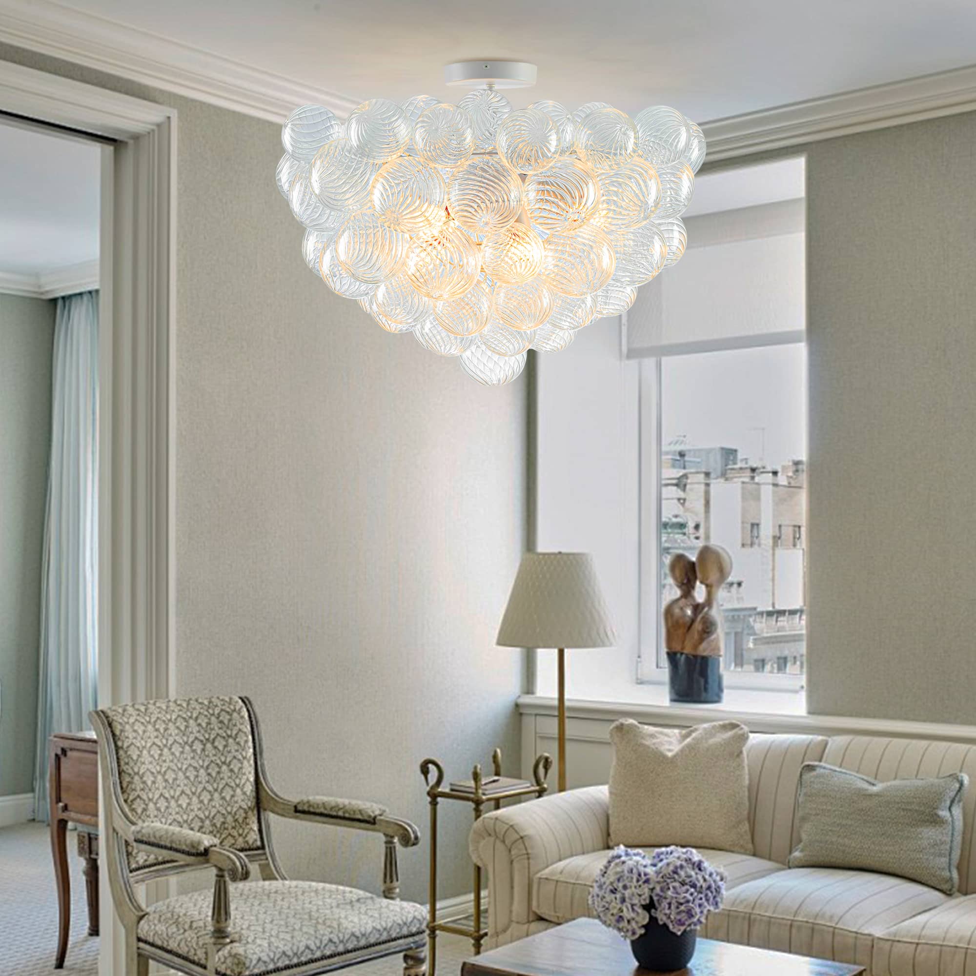 Bubbles Chandelier Semi-Flush Mounted Clear Ribbed Ball White Frame - BeyPan