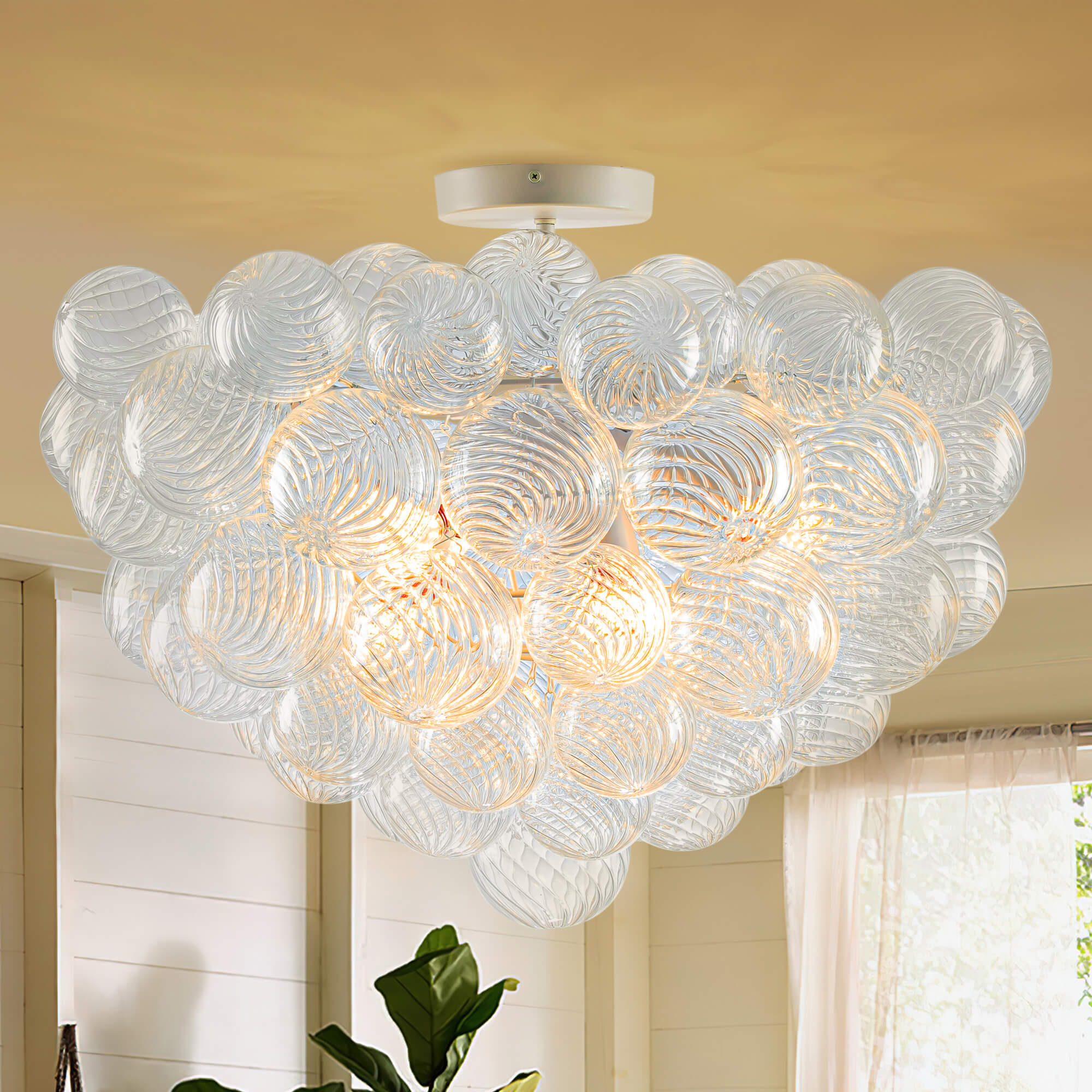 Bubbles Chandelier Semi-Flush Mounted Clear Ribbed Ball White Frame - BeyPan Hauptbild