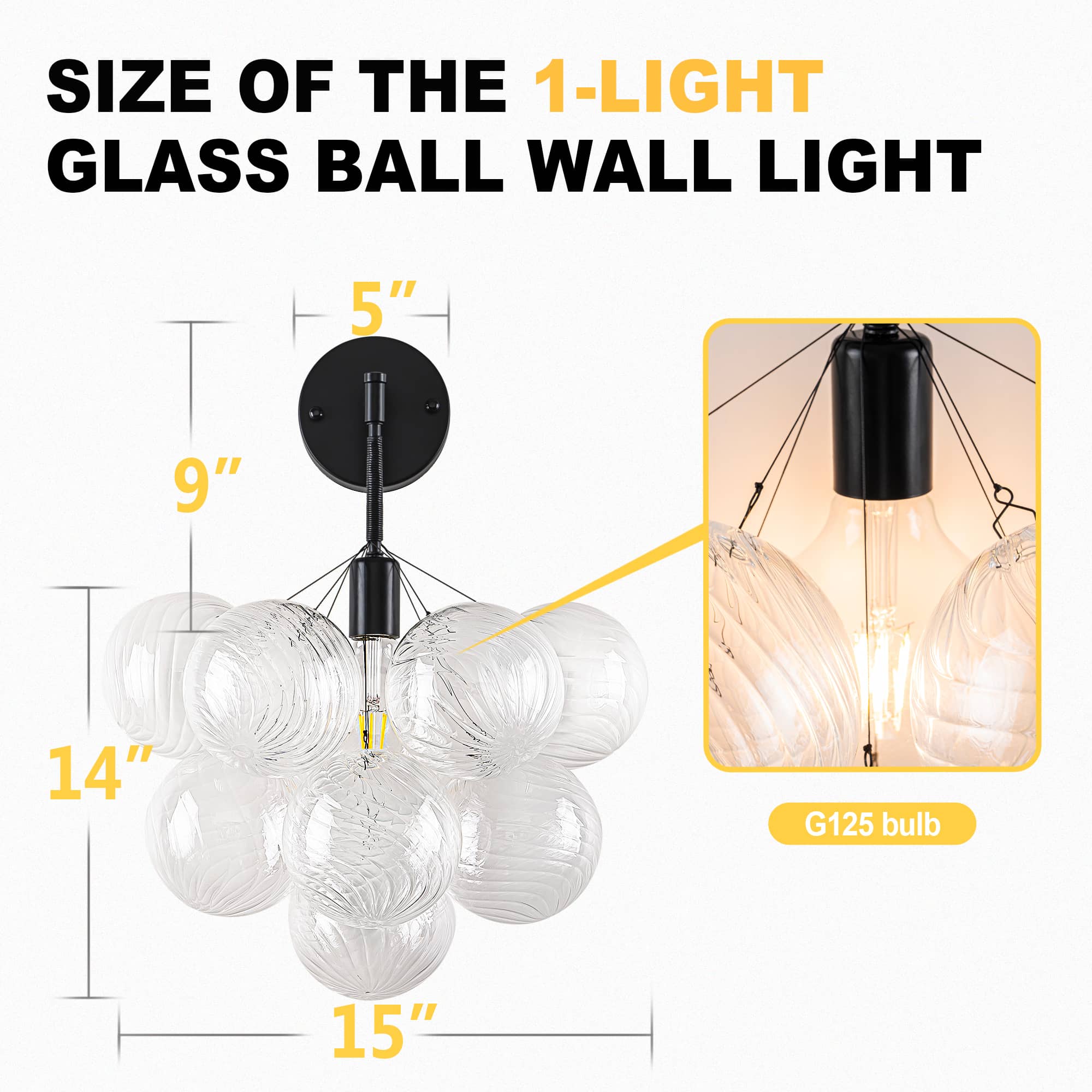 Bubbles Wall Lamp Clear And Ribbed Balls Black Frame And Cord - BeyPan