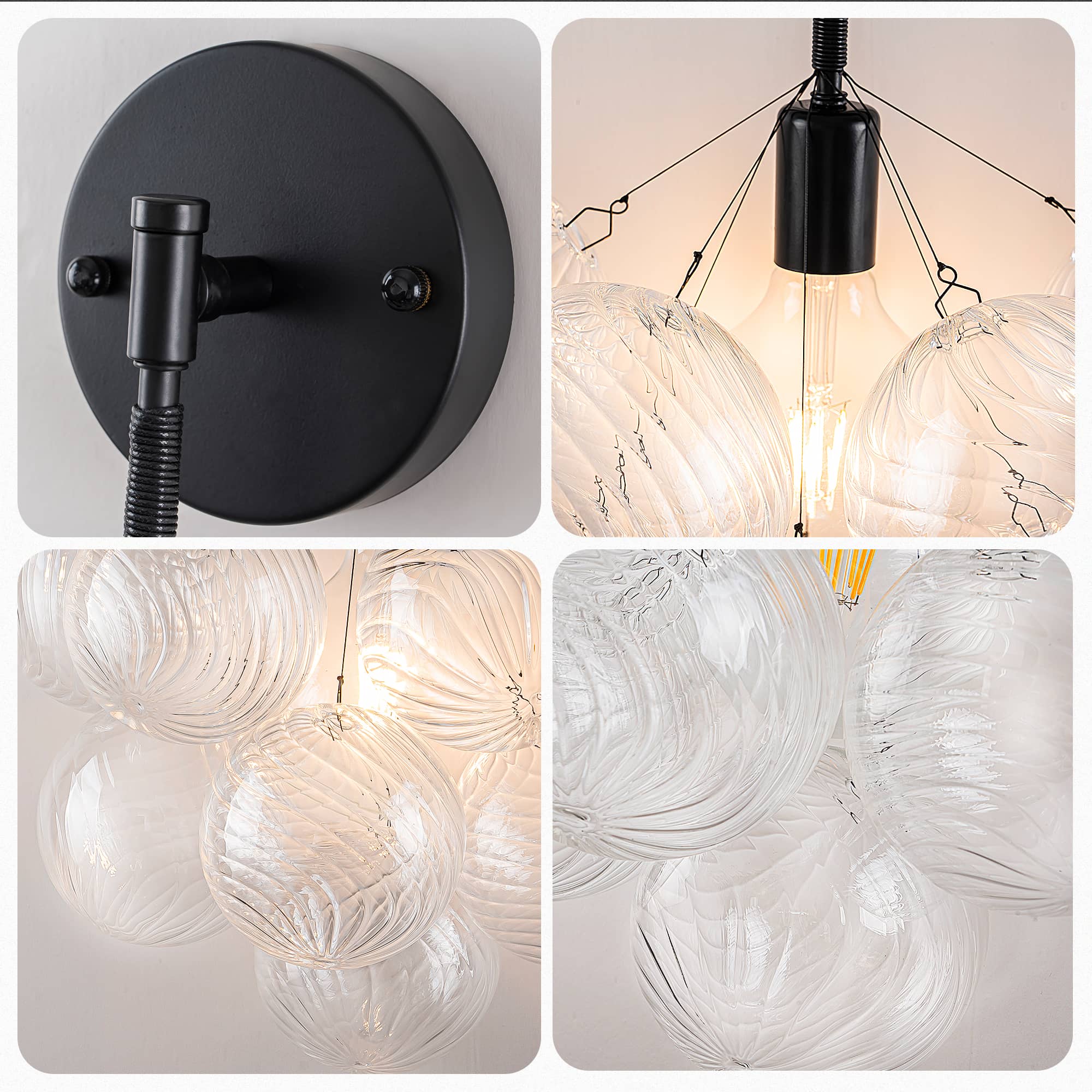 Bubbles Wall Lamp Clear And Ribbed Balls Black Frame And Cord - BeyPan
