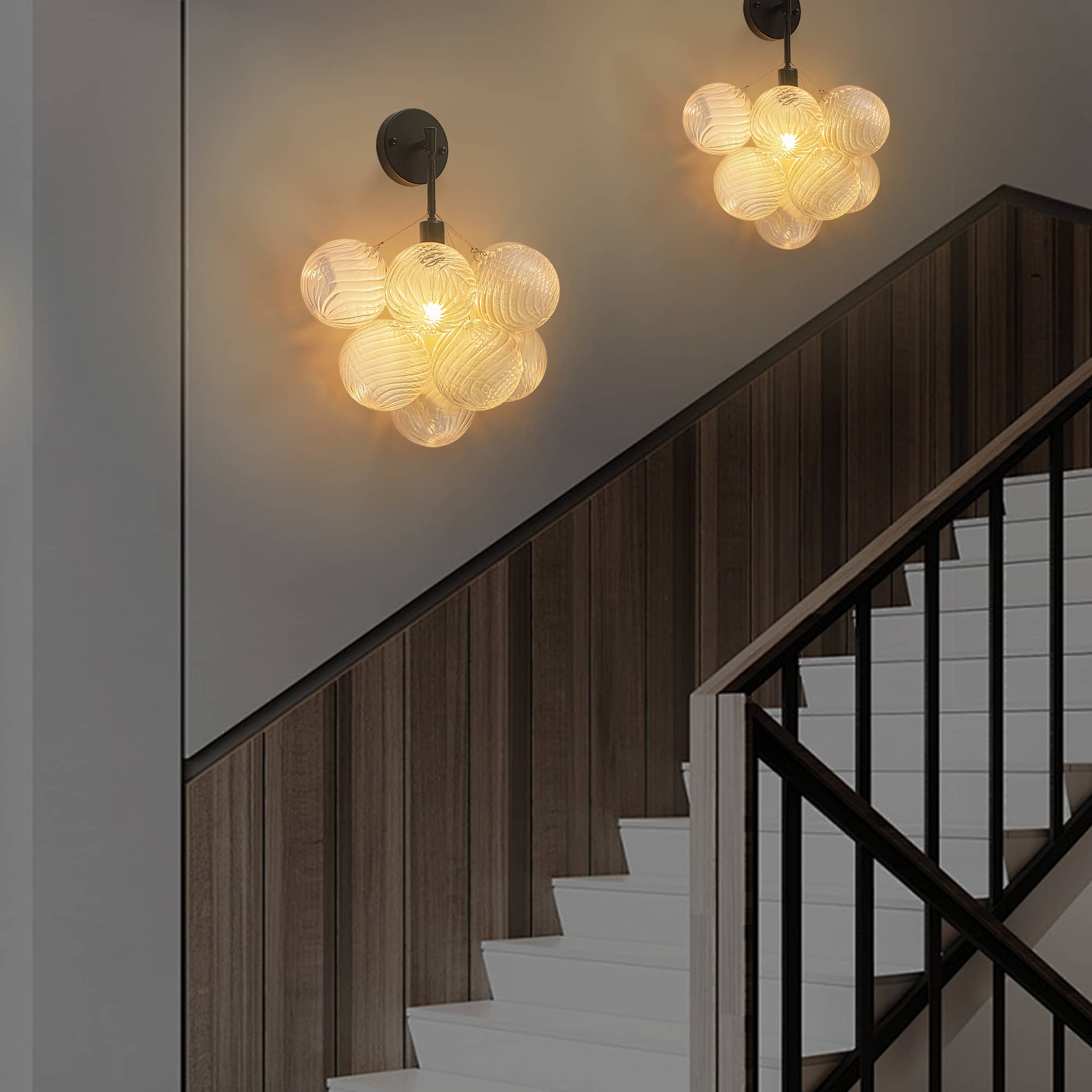 Bubbles Wall Lamp Clear And Ribbed Balls Black Frame And Cord - BeyPan